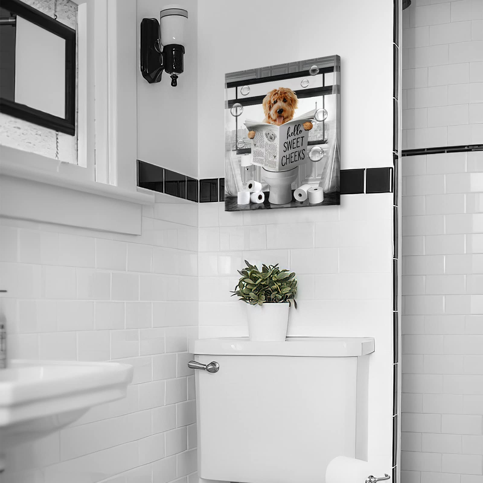 Funny Dog Wall Art Black And White Dog Bathroom Print Farmhouse Bathroom Animals Wall Decor Dog Sitting In Toilet Reading Newspa