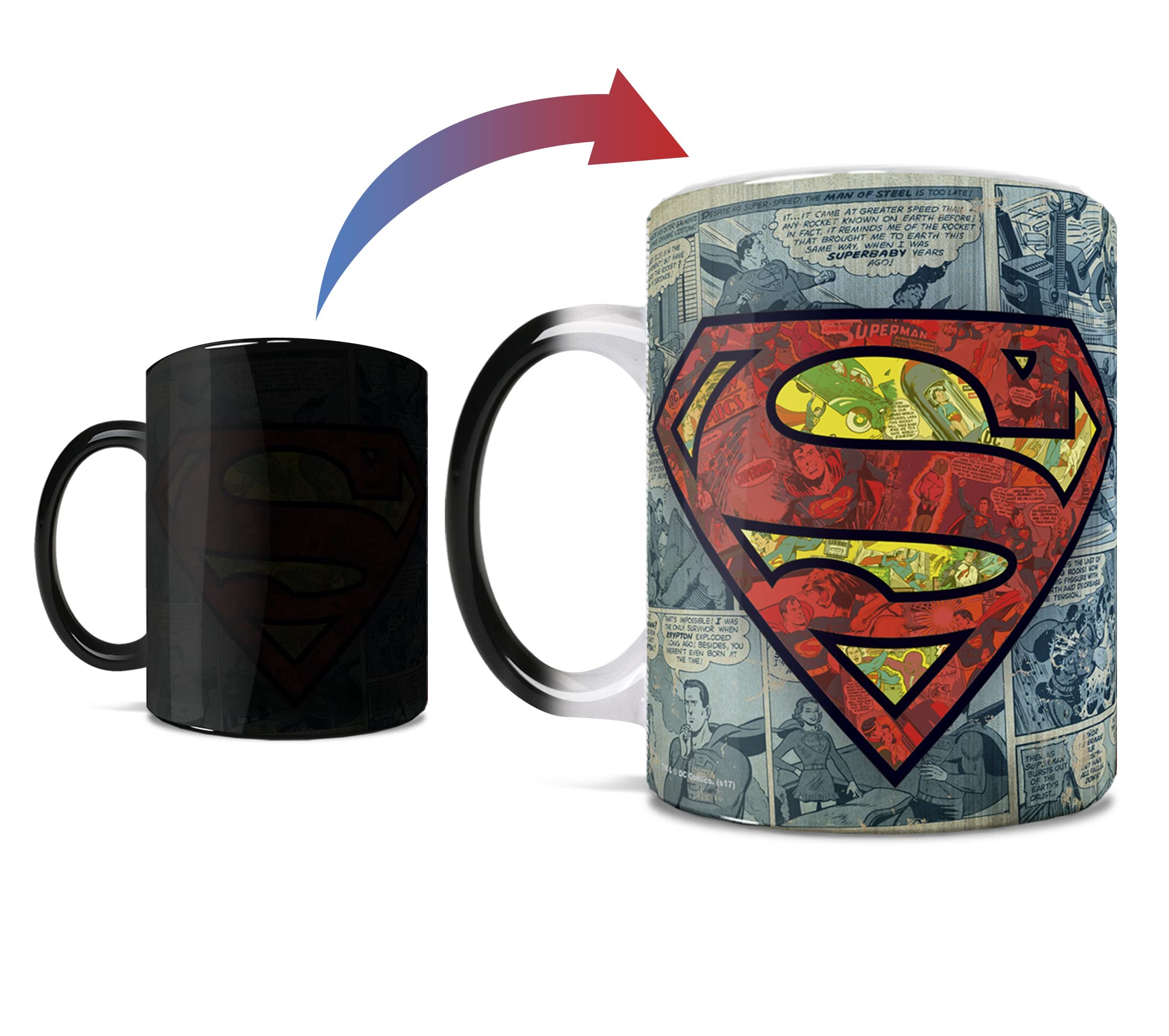 Morphing Mugs Dc Comics - Superman - Retro Comic Book Logo - One 11 Oz Color Changing Heat Sensitive Ceramic Mug - Image Reveale