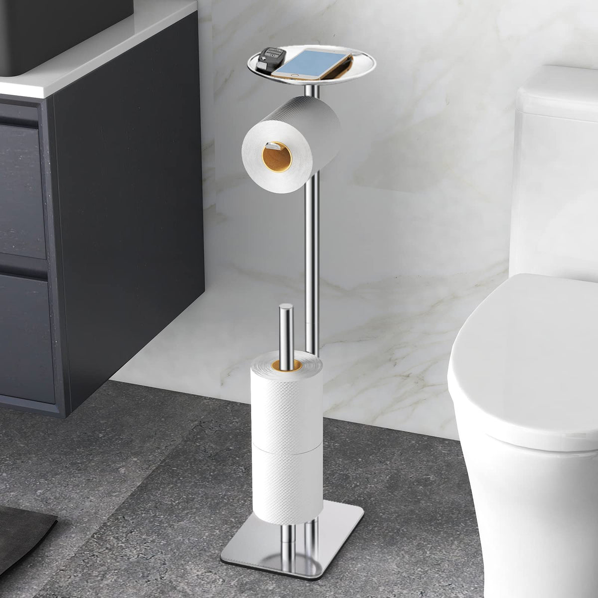 Feilern Toilet Paper Holder Stand For Bathroom Floor Standing Toilet Roll Dispenser Storages 4 Reserve Rolls, With Top Storage S