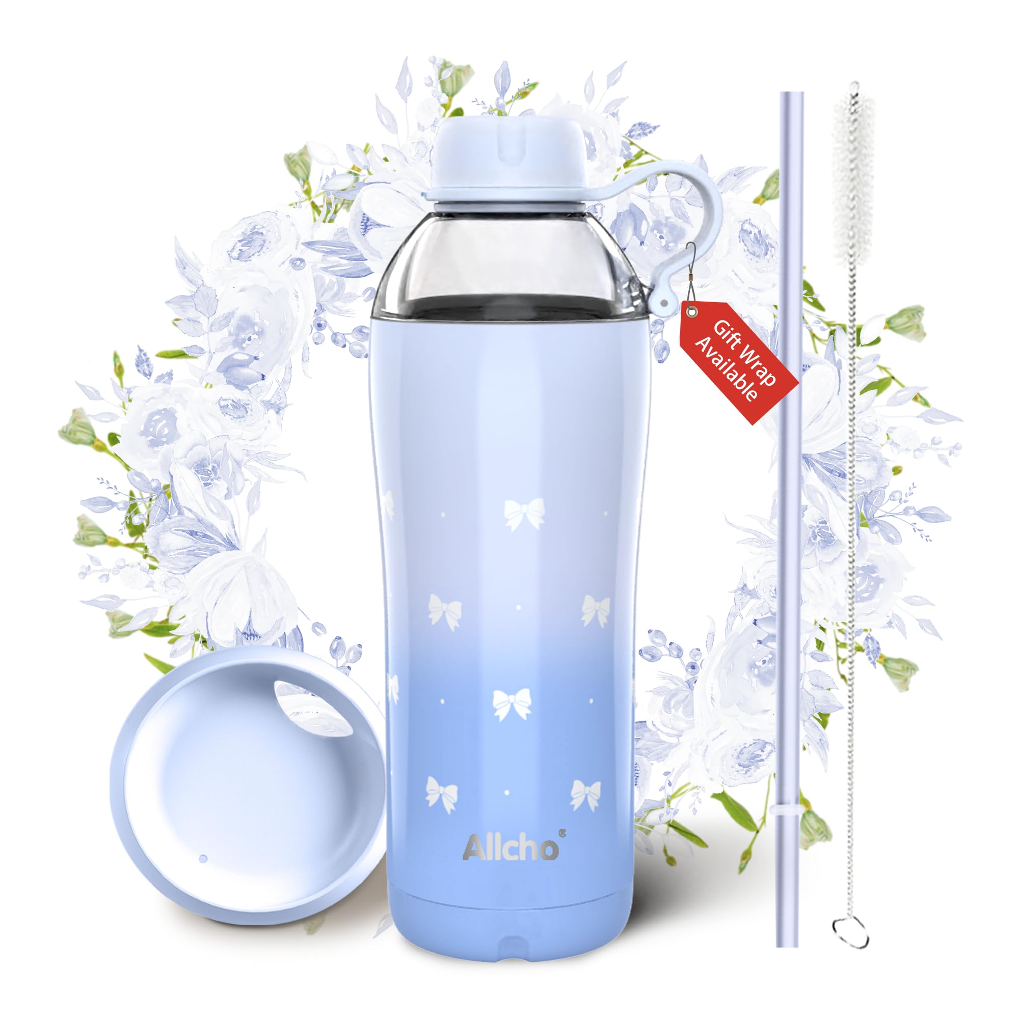 Allcho Bow Insulated Water Bottle for Women, 18 oz Stainless Steel Water Bottles, Double Walled, 2 Lids (Chug & Tumbler) - Hydra