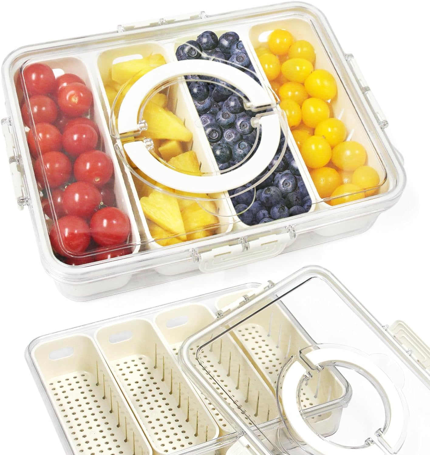 Yuroochii Divided Serving Tray Fresh-Keeping Box With Lid&Handle, 4 Compartments Snacks Box, Snack Fruit Tray, Veggie Tray, Port