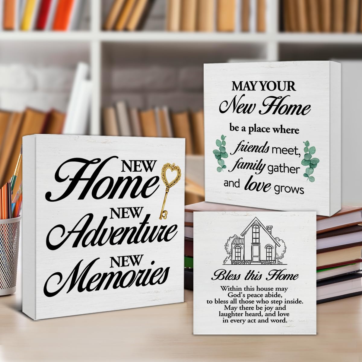 Nvhai 3 Pcs New Home Wood Signs Decor Housewarming Gifts New Home Owner Gifts New Home New Memories Bless This Home Wooden Block