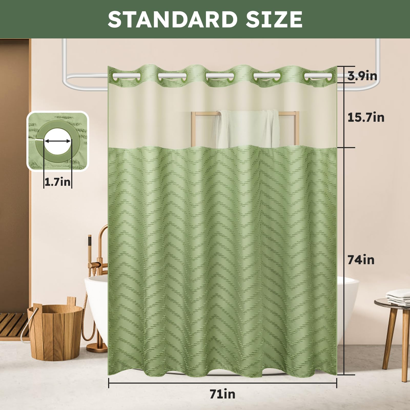 Fadoty No Hook Shower Curtain And Snap In Liner Set Sage Green Tufted Chevron Striped Cloth Waterproof Washable Fabric Boho Bath