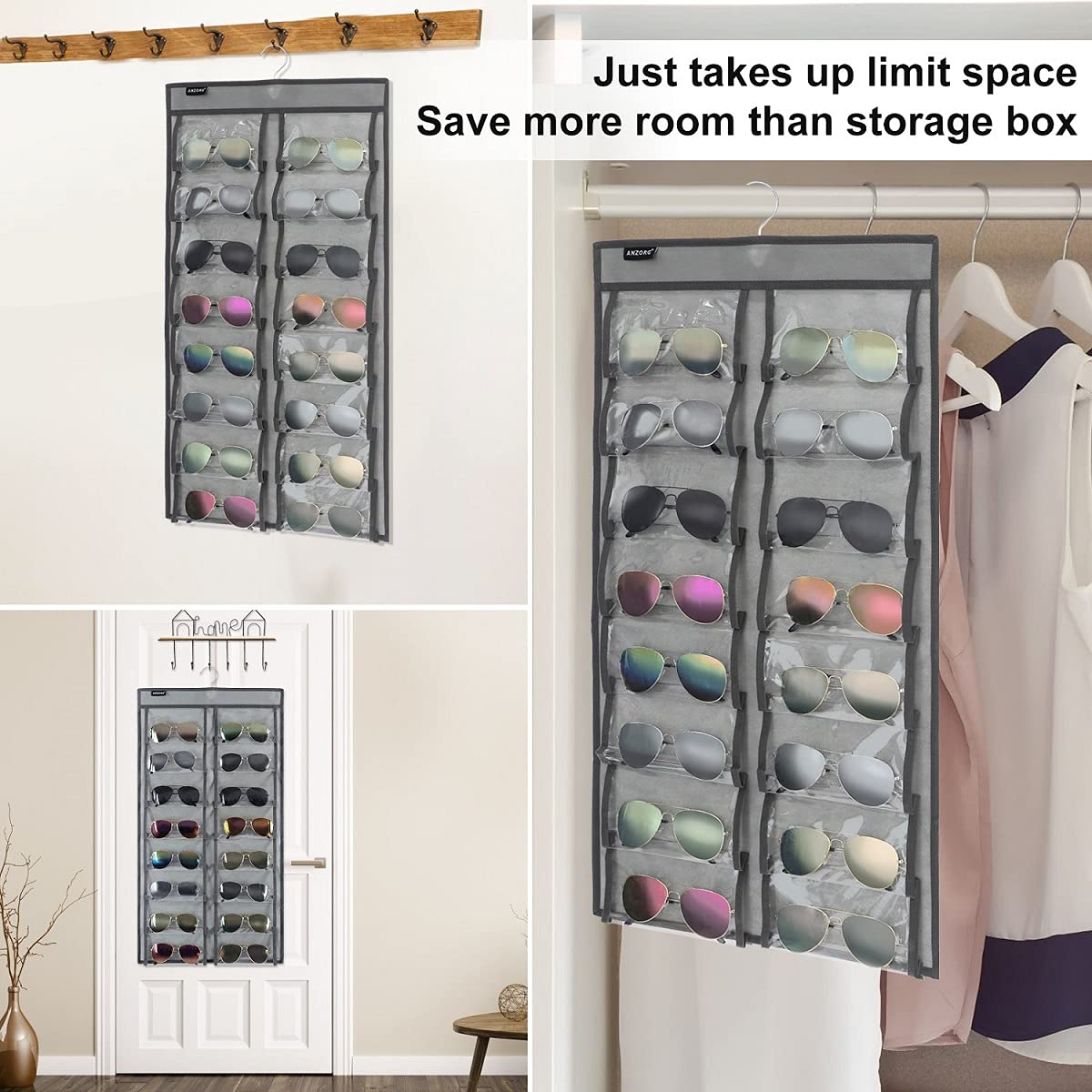 Anzorg Over The Door Hanging Sunglasses Organizer Storage Sunglass Rack Holder Eyewear Display Case With 16 Clear Dust Proof Poc