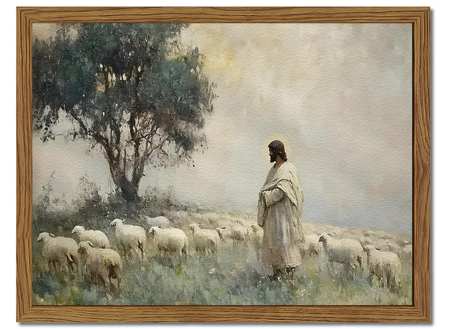 Jesus Leaves The 99 Sheep Wall Art, Frame 3D Textured Hand Drawn Sandstone Christian Wall Decor Paintings, Lost Lamb Religious A