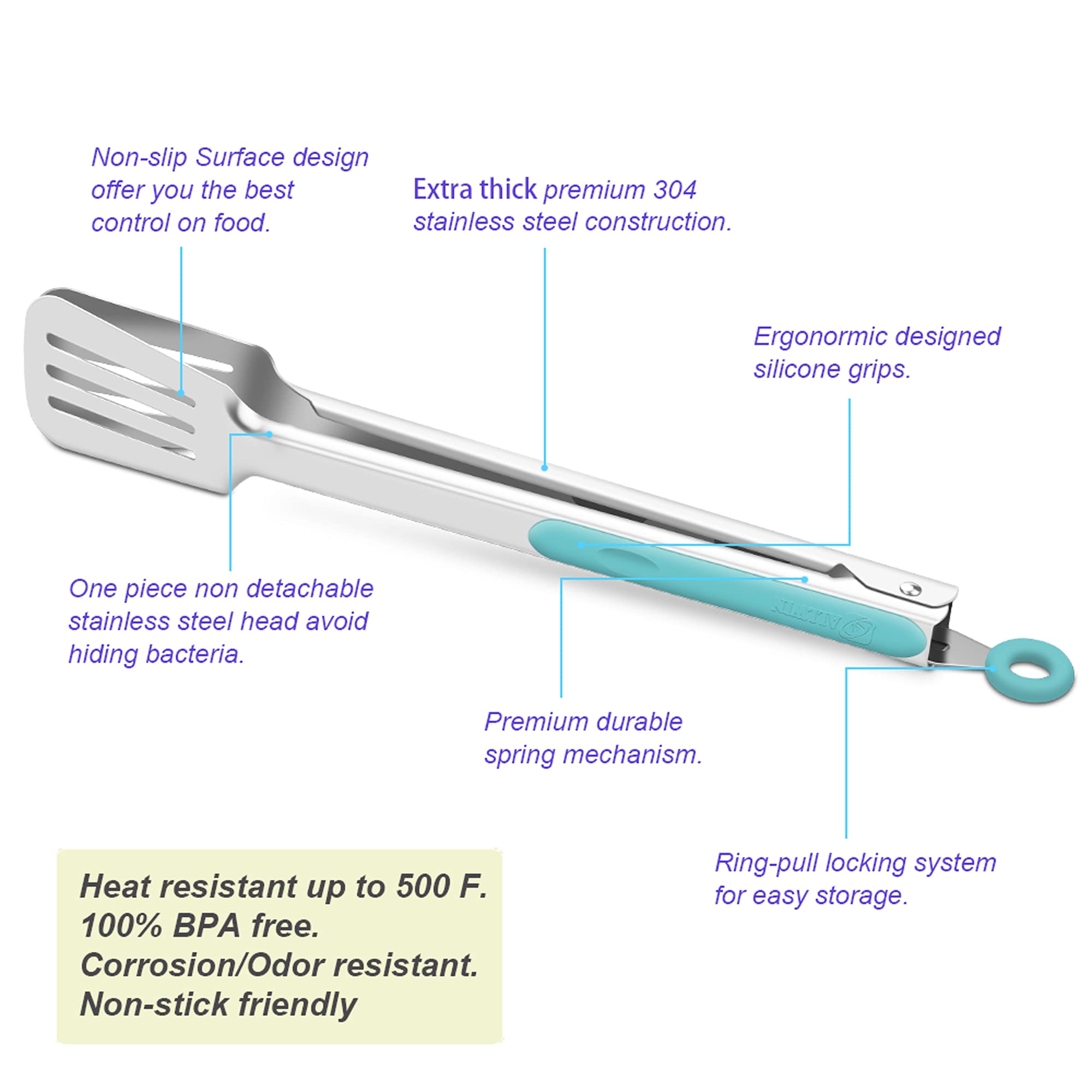 Premium 304 Stainless Steel Barbecue Turners, Heavy Duty Non-Stick Bbq Cooking Kitchen Tongs, 9 '' And 12 '' Aqua Sky