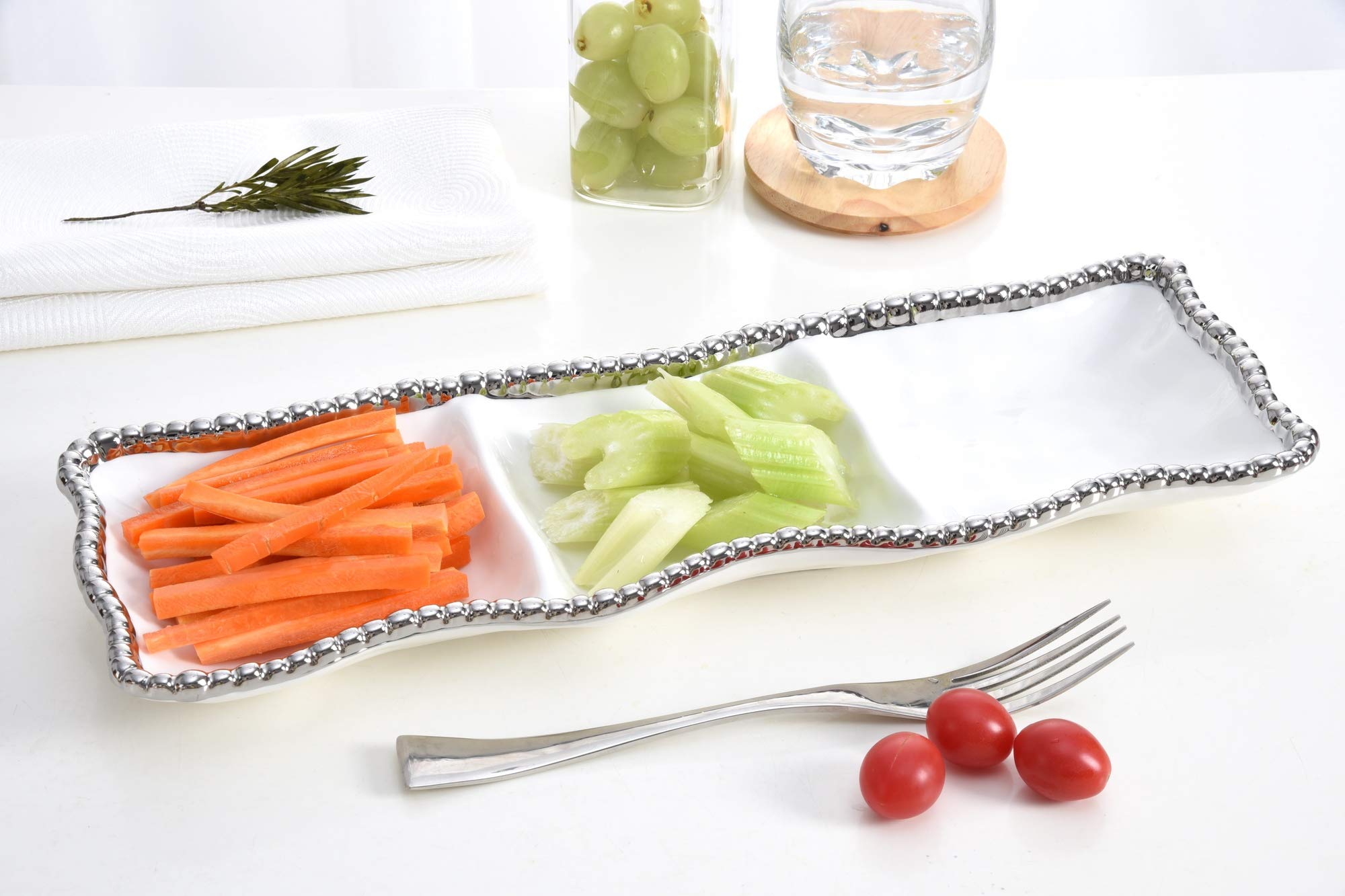 3-Section Serving Piece Porcelain With Silver Trim