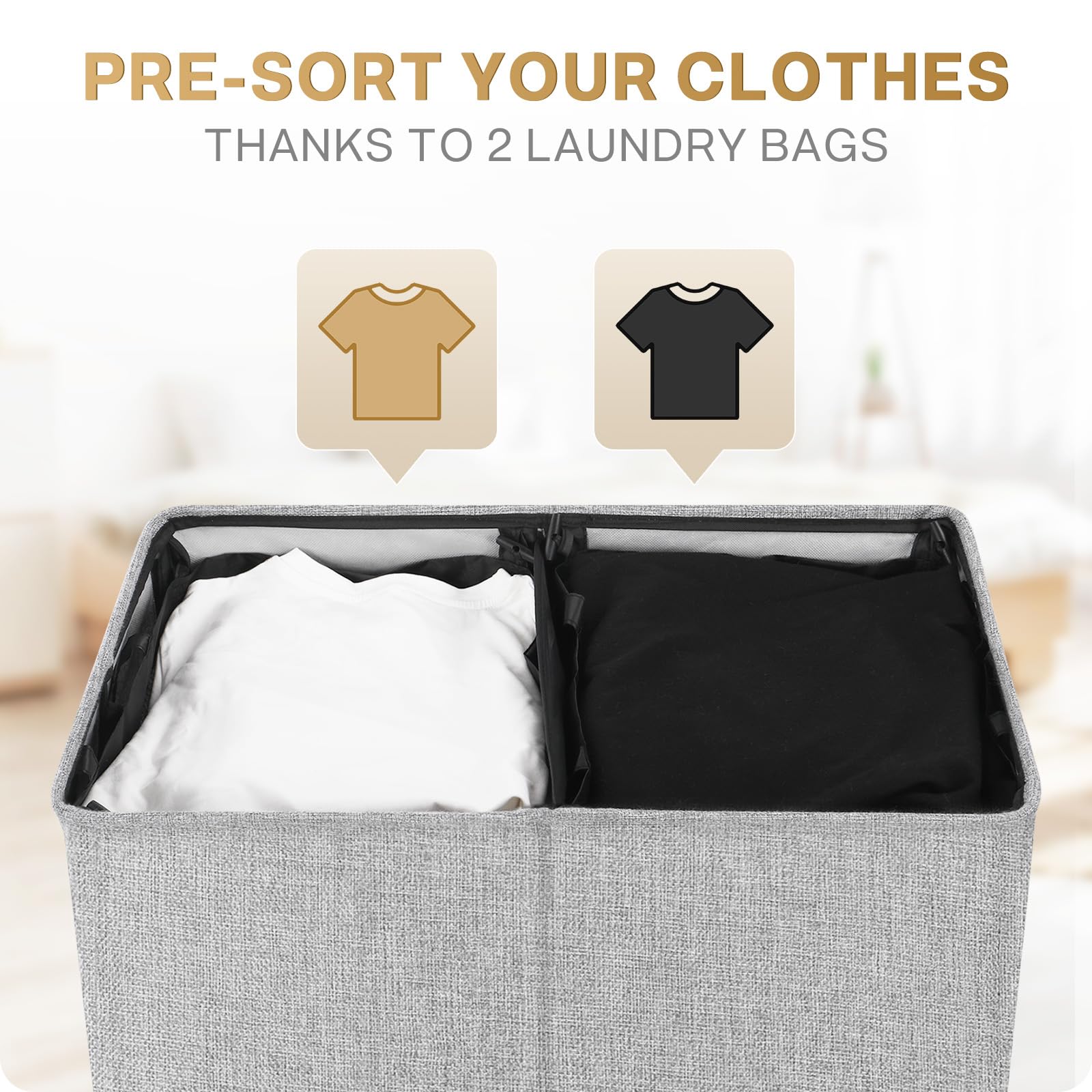 SOLEDI Double Laundry Hamper with Lid and Handle  Laundry Basket 2 Section with Removable bag  Collapsible Dirty Clothes Hampers for Laundry  Bedroom  Dorm  College