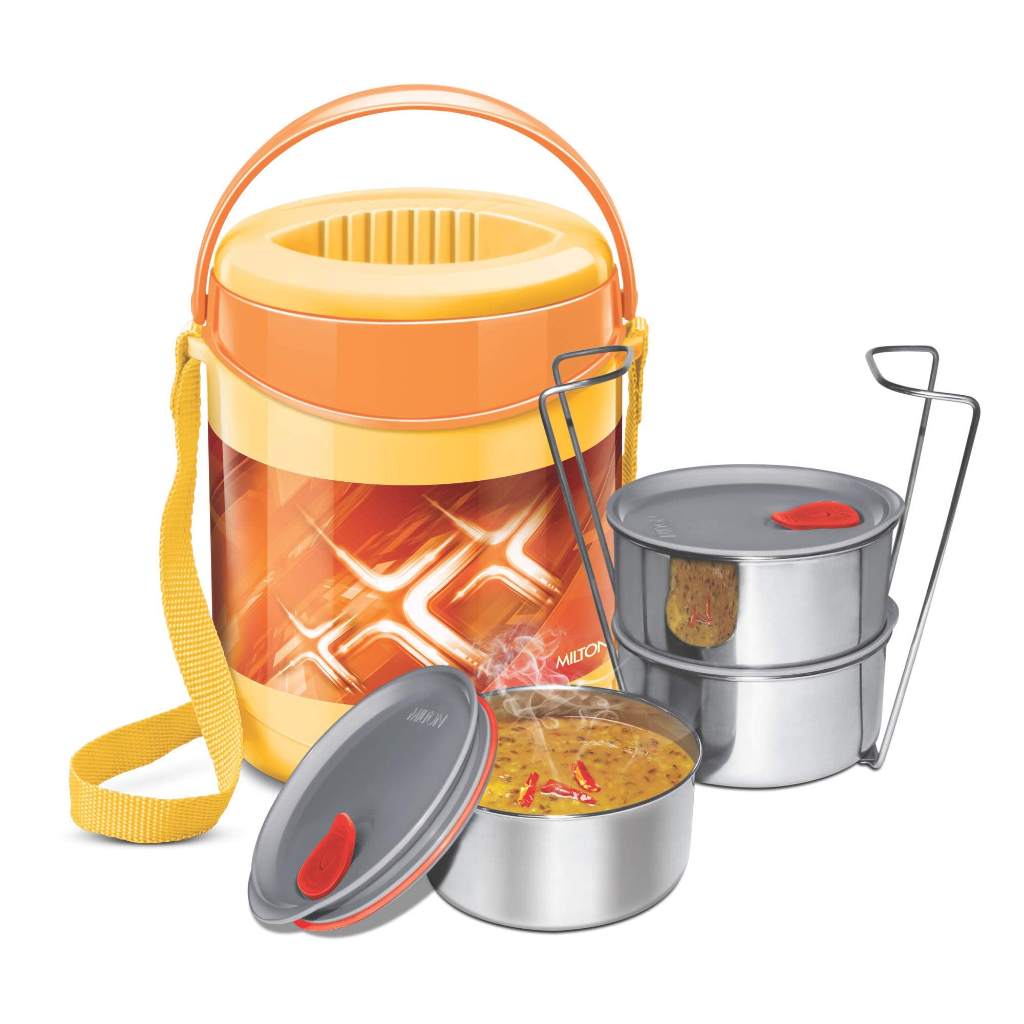 Milton Lunch Box For Office Econa Delux 3 Container Hot (Yellow, Stainless Steel)