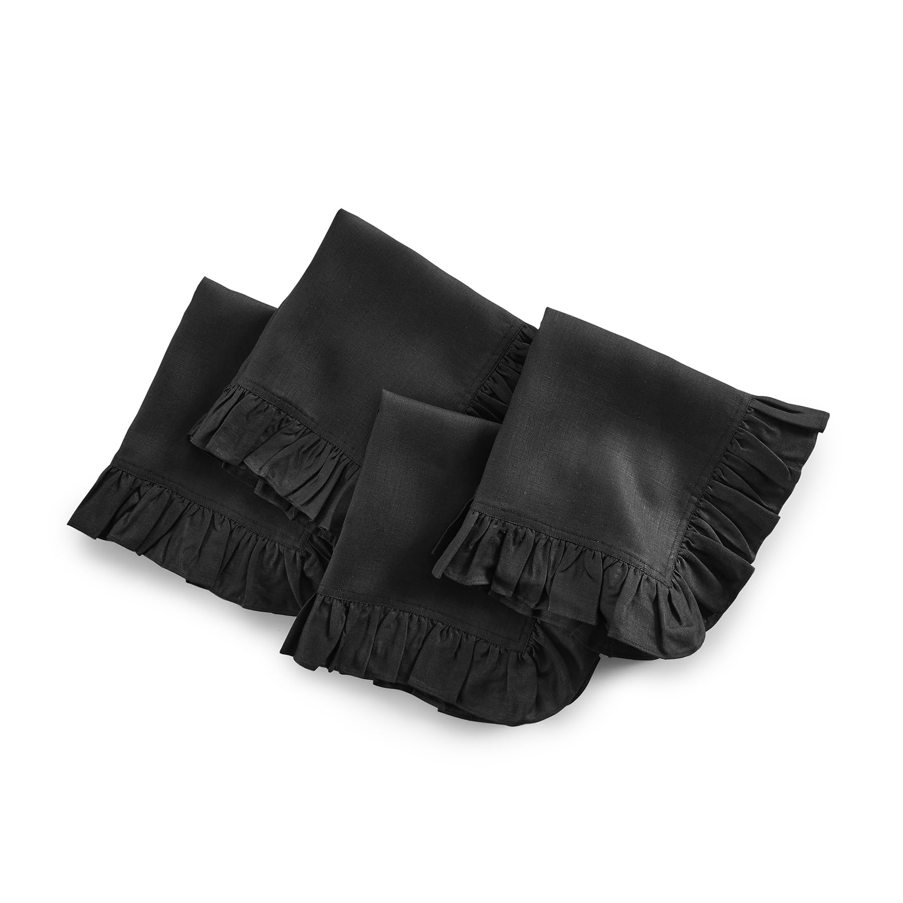 Solino Home Linen Ruffle Dinner Napkins 20 X 20 Inch - 100% Pure Linen Black Cloth Napkins Set Of 4 - Gabrielle Ruffle, Handcraf