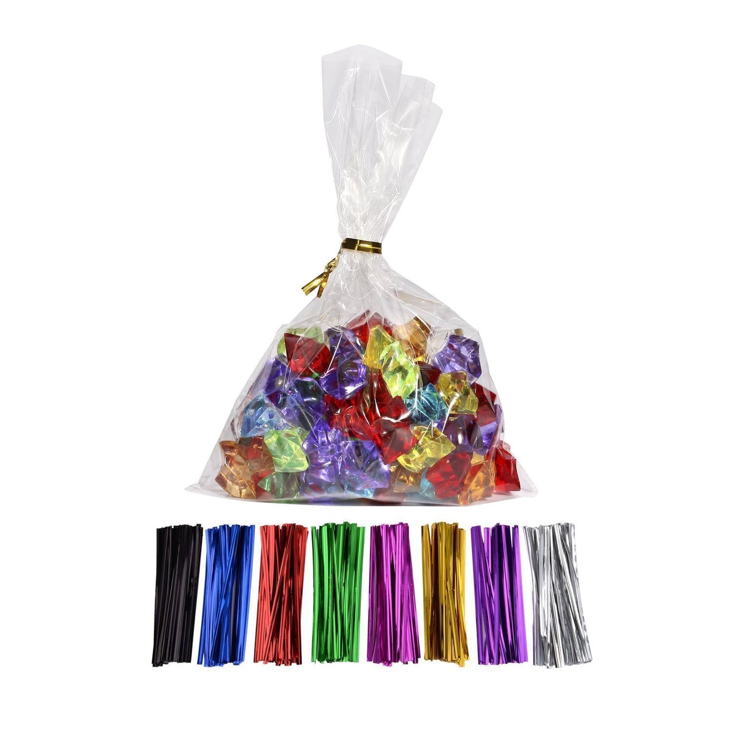 100 Pcs 7 In X 5 In(1.4Mil.) Clear Flat Cello Cellophane Treat Bags Good For Bakery, Cookies, Candies,Dessert With Random Color