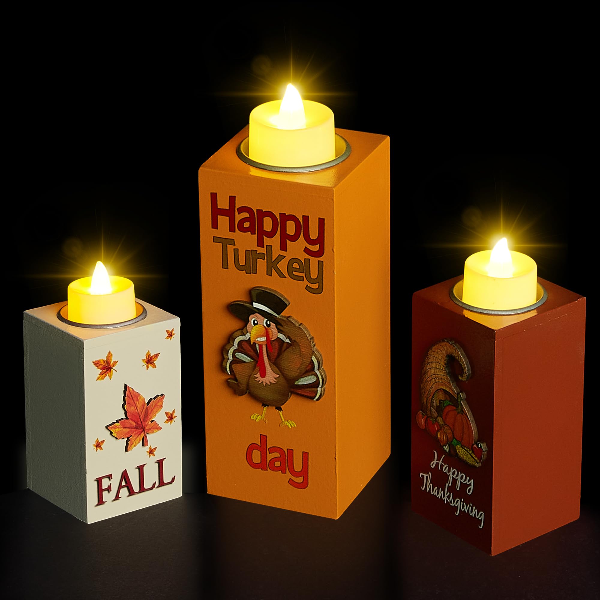 BlcTec Thanksgiving Decorations for Home 3 PCS Wood Candle Holders with LED Tea Lights & 3D Carving Craft, Rustic Candle Centerp