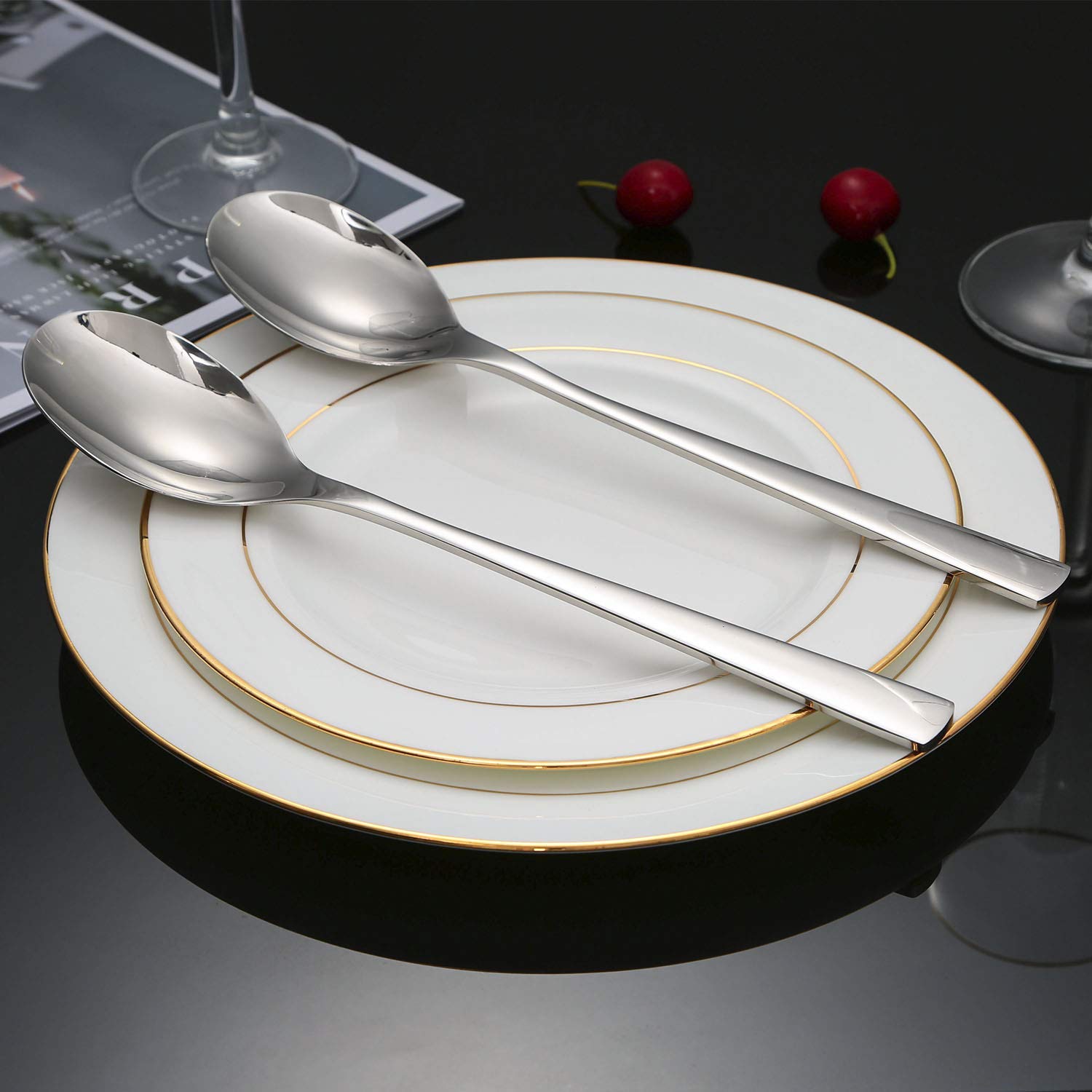 Keawell Premium 2 Pieces 18/10 Stainless Steel Serving Spoon Set, Large Mirror-Polished Buffet & Tabletop Utensils, Durable Flat