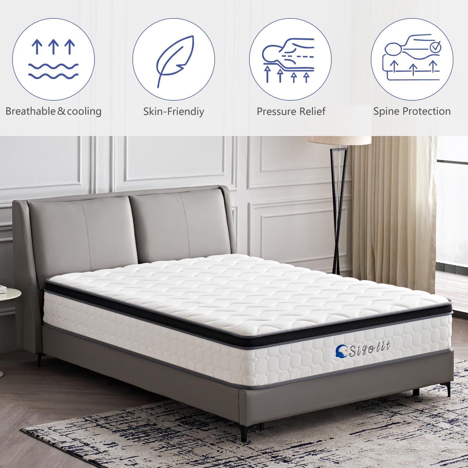 sigolit 12 Inch King Size Hybrid Mattress - Medium Firm Memory Foam & Pocket Springs, White, Model SleepWell, Motion Isolation, Edge Support