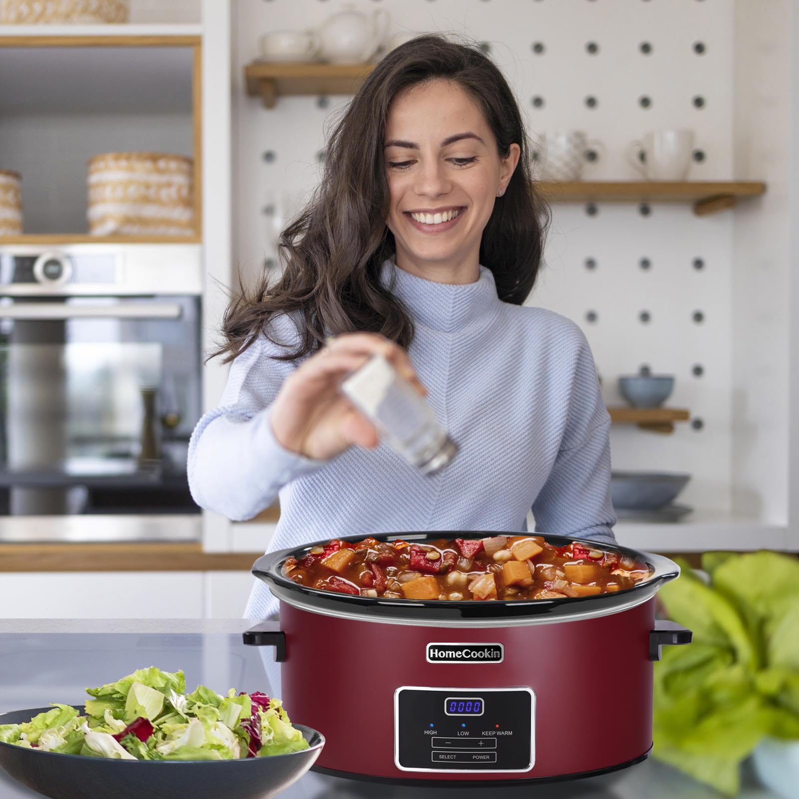 HOMECOOKIN 7 Quart Programmable Slow Cooker, Kitchen Appliances, Perfect Kitchen Small Appliance for Family Dinners, Red Stainle