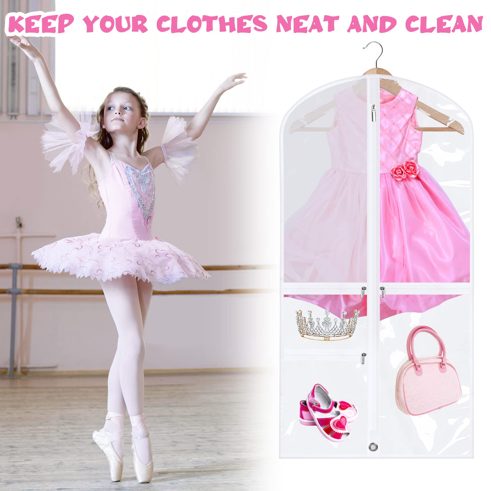 Woanger 6 Pcs Garment Bags For Dance Costumes 20'' X 40'' Clear Pvc With Zippers Garment Bag With Pockets Dance Costume Organize