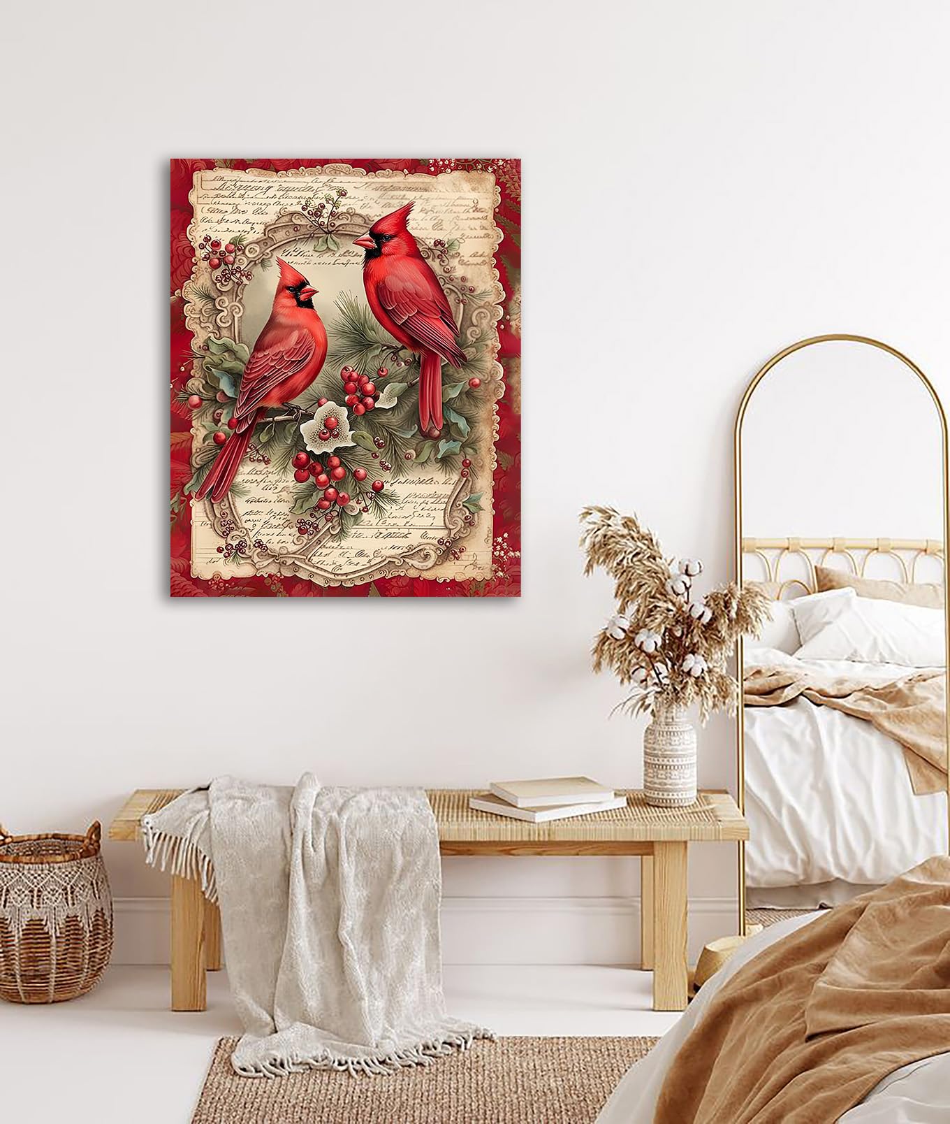 Merry Christmas Cardinal Canvas Wall Art Cardinal Duo Canvas Wall Decor Holly Farmhouse House Canvas Poster Decor Xmas Holiday D