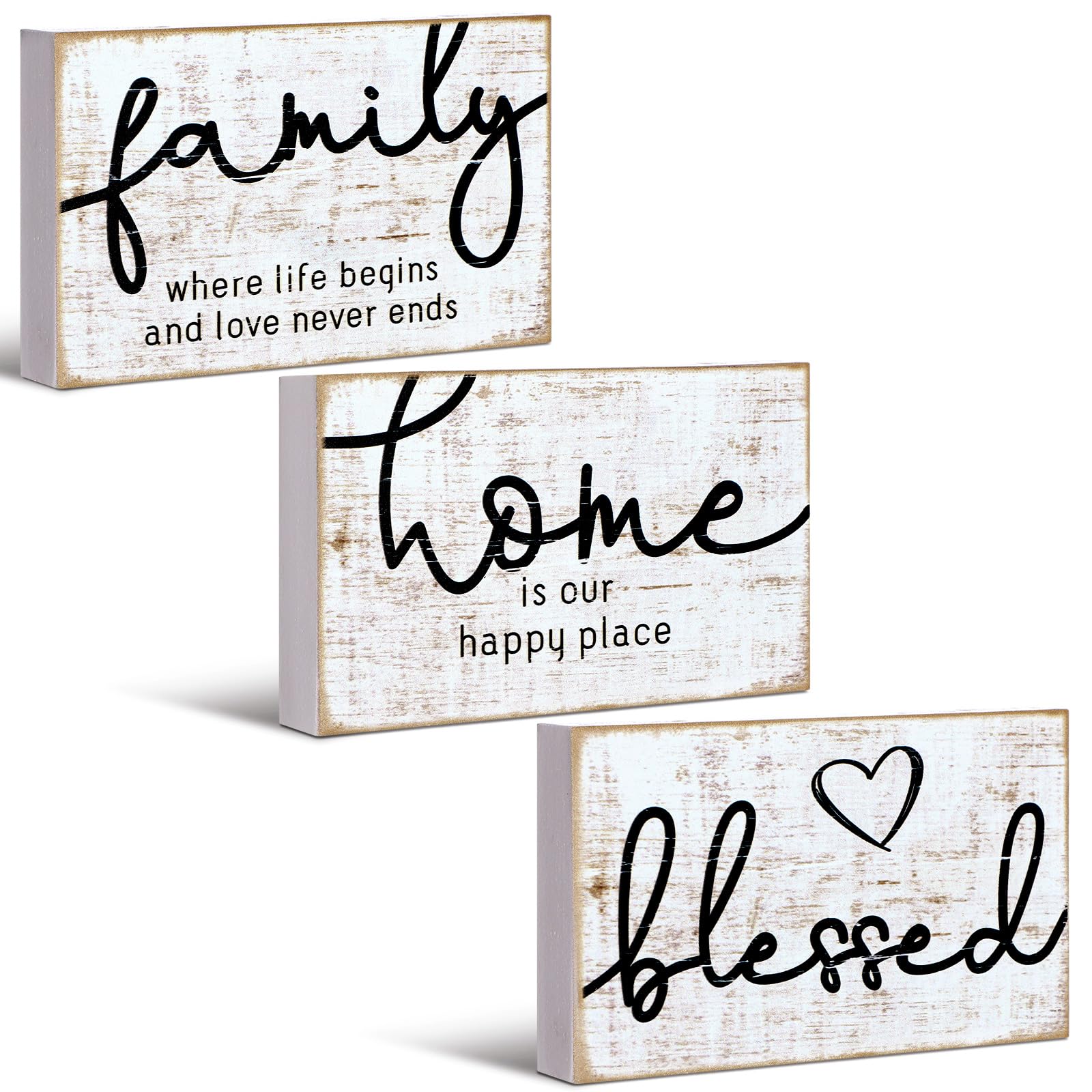 Jetec 3 Pcs Wooden Family Sign Rustic Blessed Home Wall Art Mini Wood Wall Decor Farmhouse Table Shelves Decoration Sign for Bed