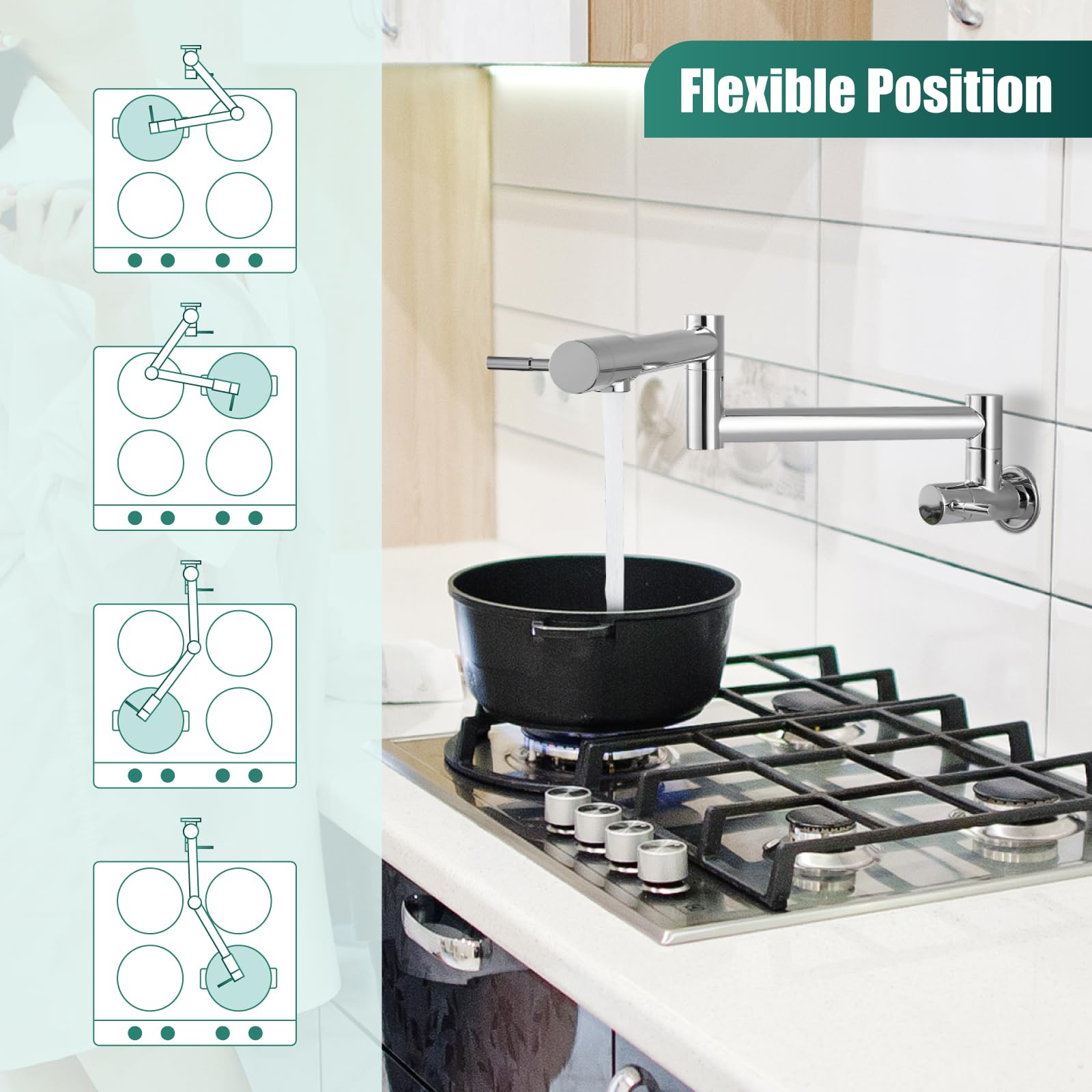 Heyalan Kitchen Restaurant Faucet Polished Chrome 19 Inch Wall Mounted Folding Stretchable Double Joint Swing Arm Single Hole Two Handles Commercial NPT Stainless Steel Pot Filler