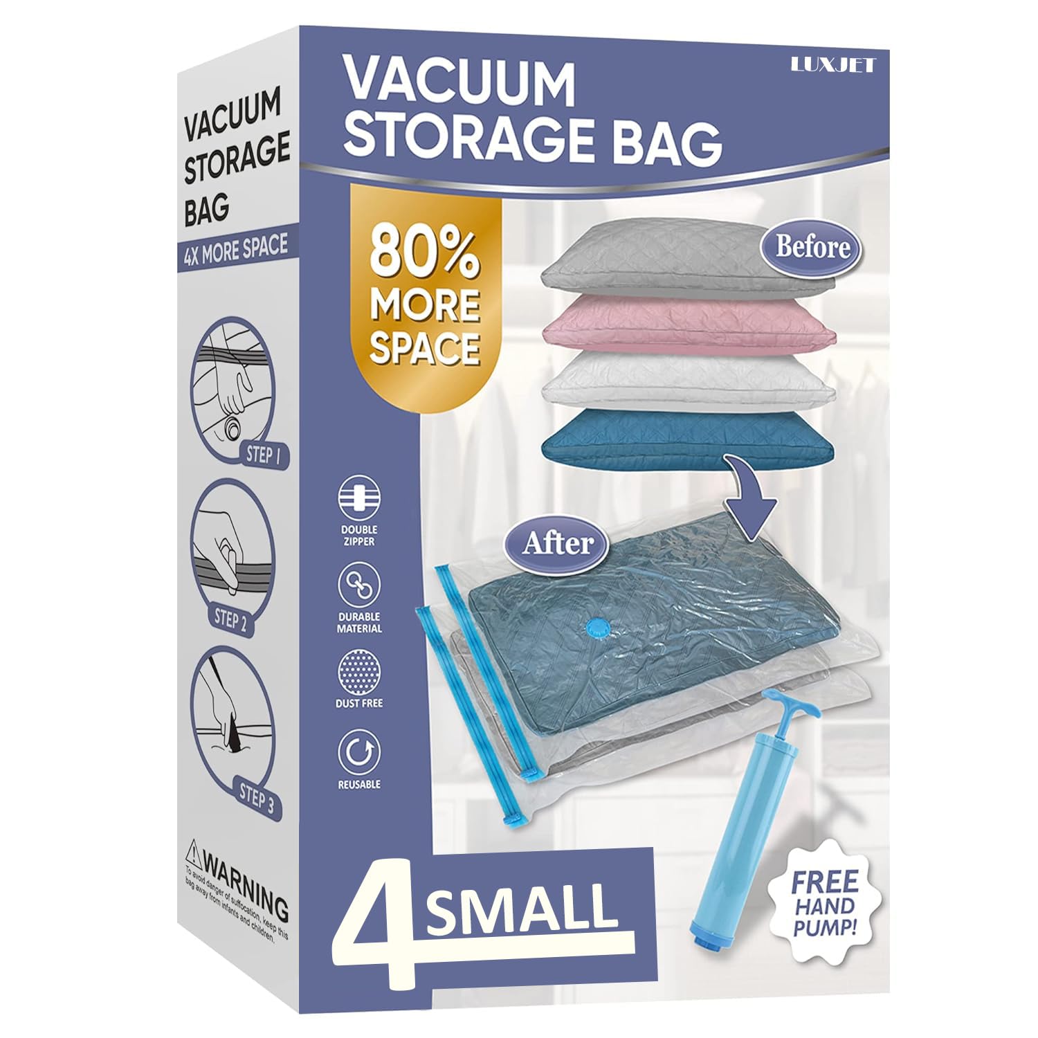 Luxjet Space Saver Vacuum Storage Bags, 4 Pack Space Saver Bags With Pump, Storage Vacuum Sealed Bags For Clothes, Comforters, B