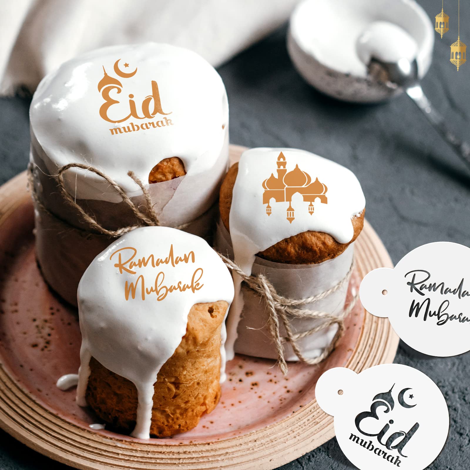 30 Pcs Eid Mubarak Cookie Stencil Set Ramadan Coffee Stencils Eid Ramadan Coffee Decorating Stencils Reusable Cake Cookies Bakin