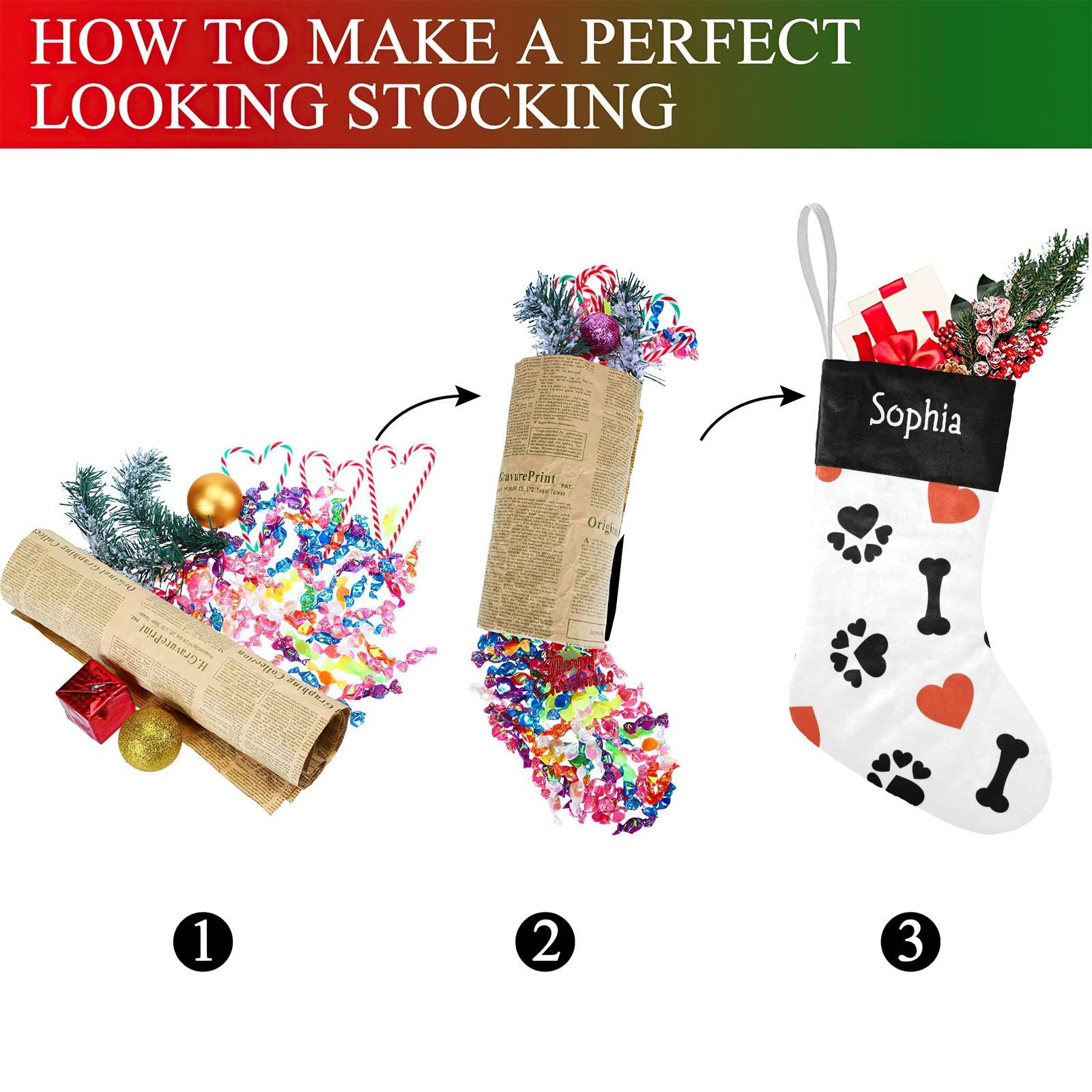 SunFancyCustom Custom Red Heart Paw Dog Christmas Stocking Personalized with Name Xmas Family Holiday Birthday Gift Decor 17.52