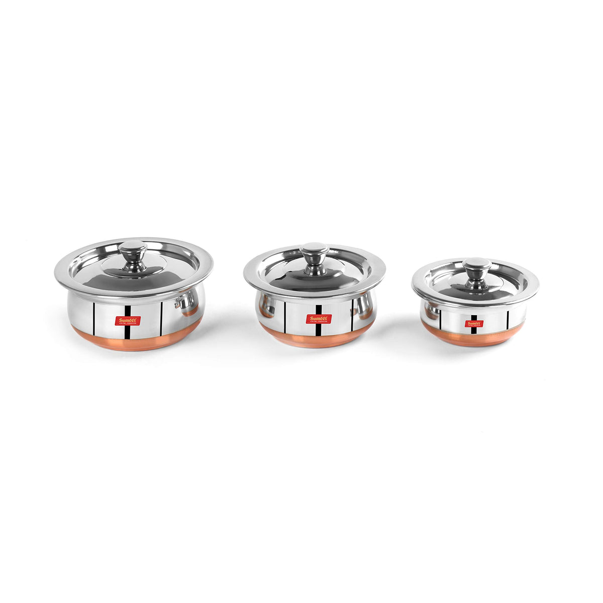 Sumeet Stainless Steel Copper Bottom 3 Pc Handi/Cookware/Serveware Pot Set with Lid 360ML, 500ML, 800ML, (Silver)