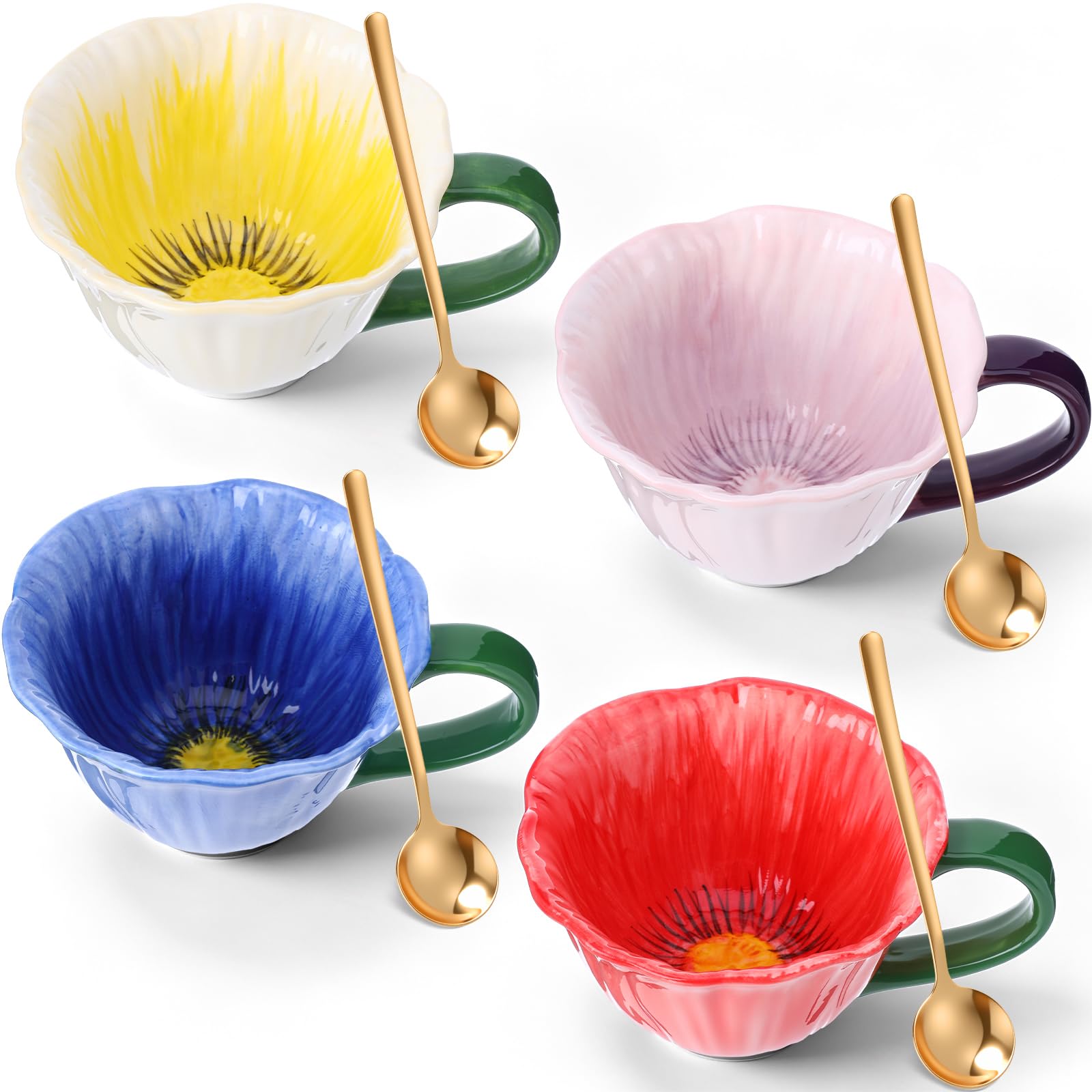 Ferrochef 4 Sets 3D Flower Ceramic Coffee Mugs with Spoons, 11.8 oz Handmade Vintage Floral Spring Tea Cups Aesthetic Espresso M