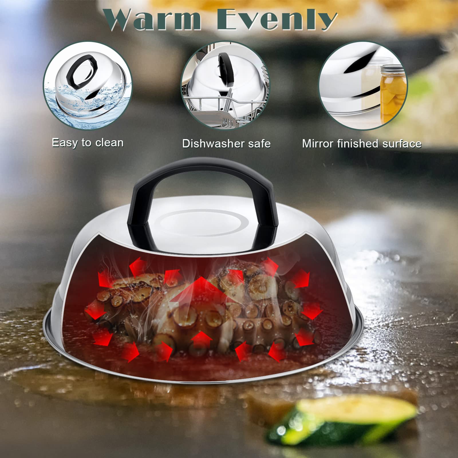 9In Cheese Melting Dome, Hasteel 4Pcs Stainless Steel Round Basting Cover, Lightweight Steam Cover Lid With Plastic Handle, Dura