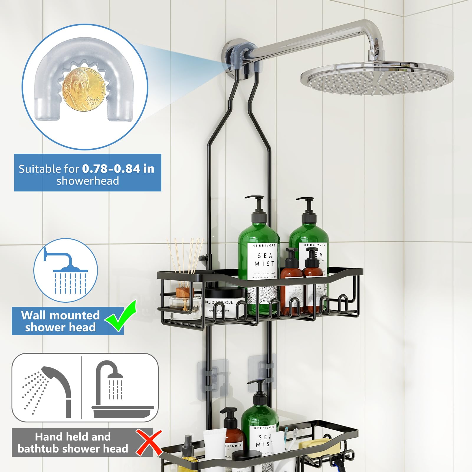 Joqixon Shower Caddy, Upgraded Extended Length Shower Caddy Over Showerhead No Blocking To Shower Head, Rustproof Shower Organiz