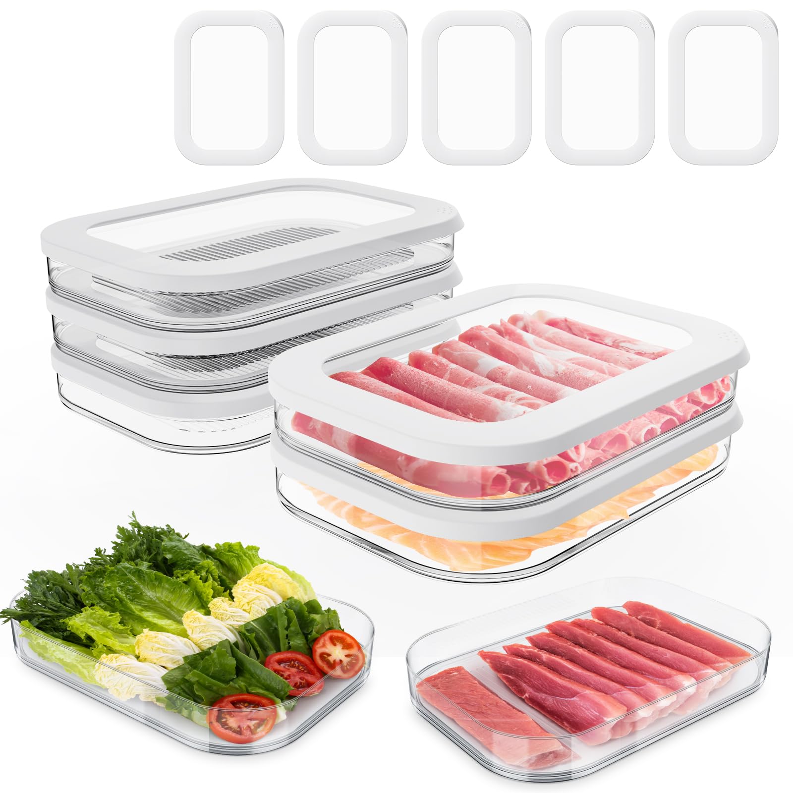5 Pcs Deli Meat Container For Fridge, Stackable Bacon Lunch Meat Container For Refrigerator, Food Storage Boxes With 5 Lids For 