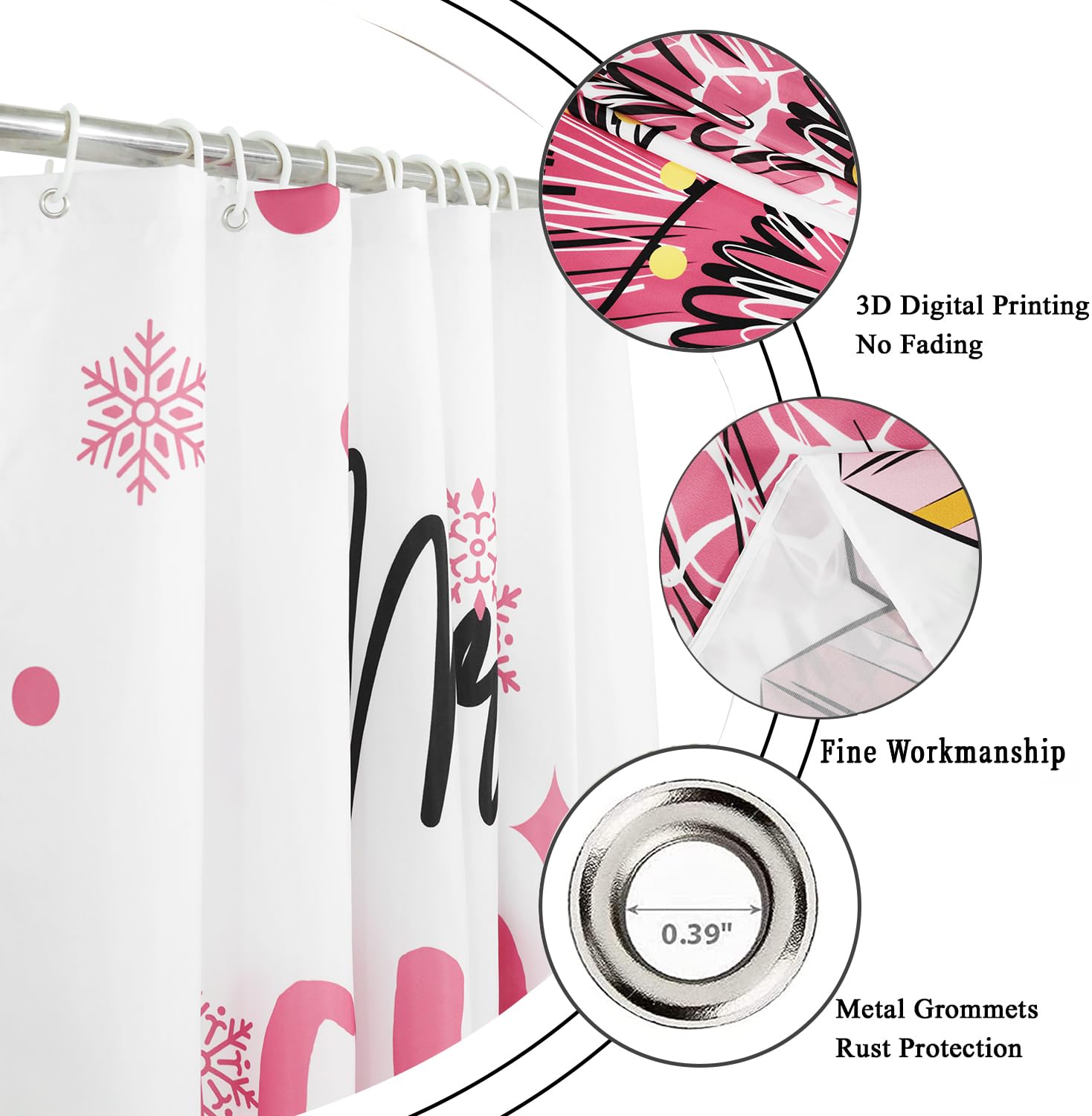 Caheansi Merry Christmas Shower Curtain, Pink Buffalo Check Plaid Xmas Tree Winter New Year Holiday Bathroom Curtain Waterproof