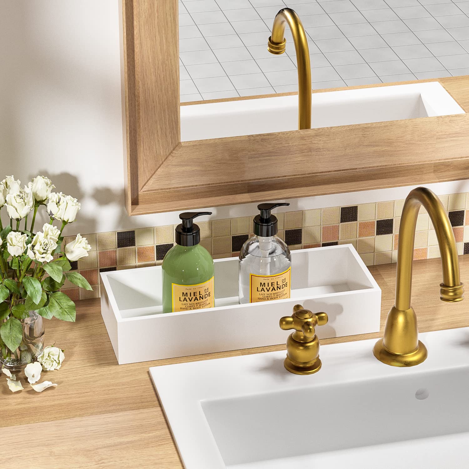 Bathroom Vanity Tray Bamboo Tray - Guest Towel Organizer Holder Tray Wood Sink Tray  Toilet Tank Tray Perfume Tray for Home Decoration 15