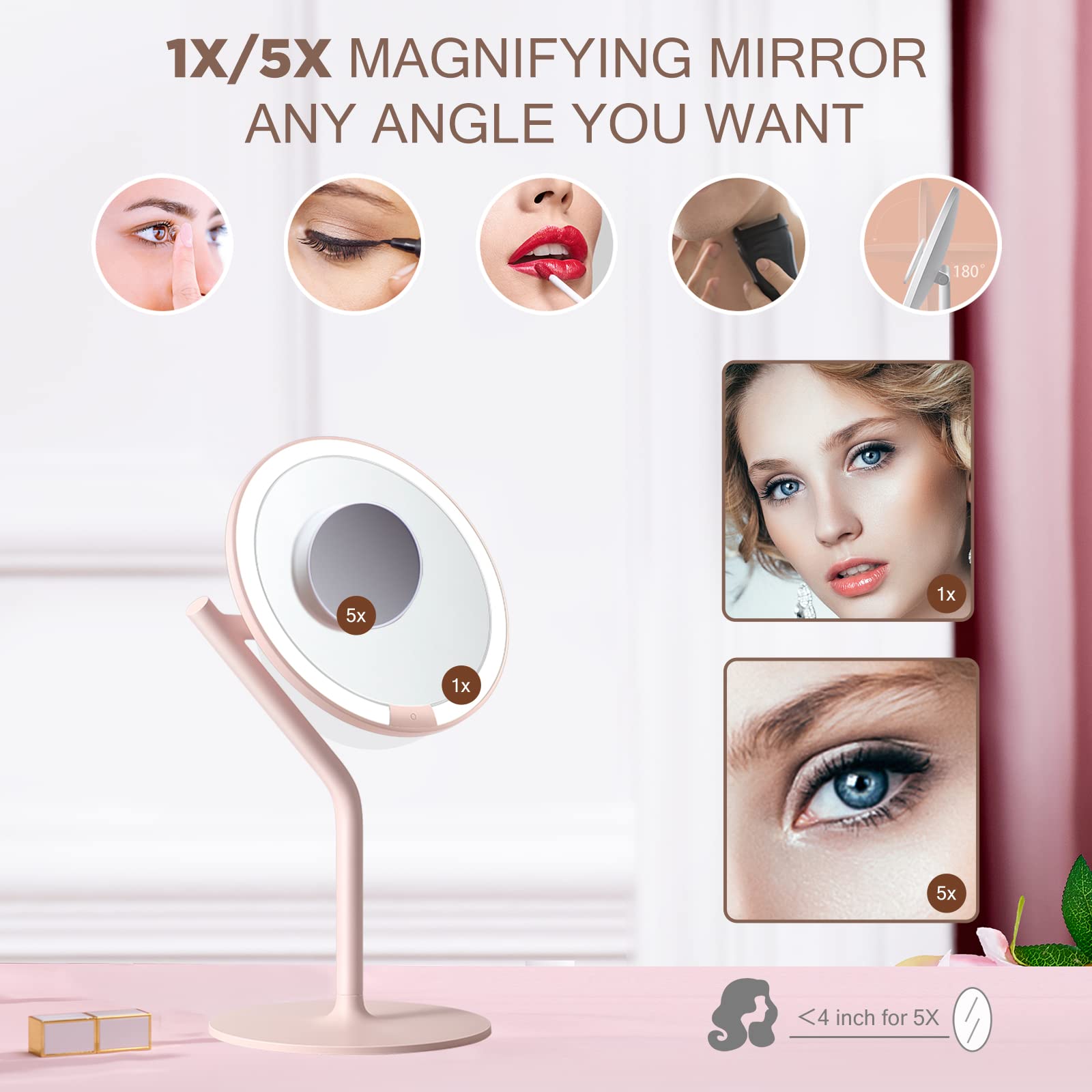 AMIRO Professional 8 LED Lighted Makeup Mirror with 5-Level Brightness, with 5X Magnifying Small Mirror, Tabletop Rechargeable C