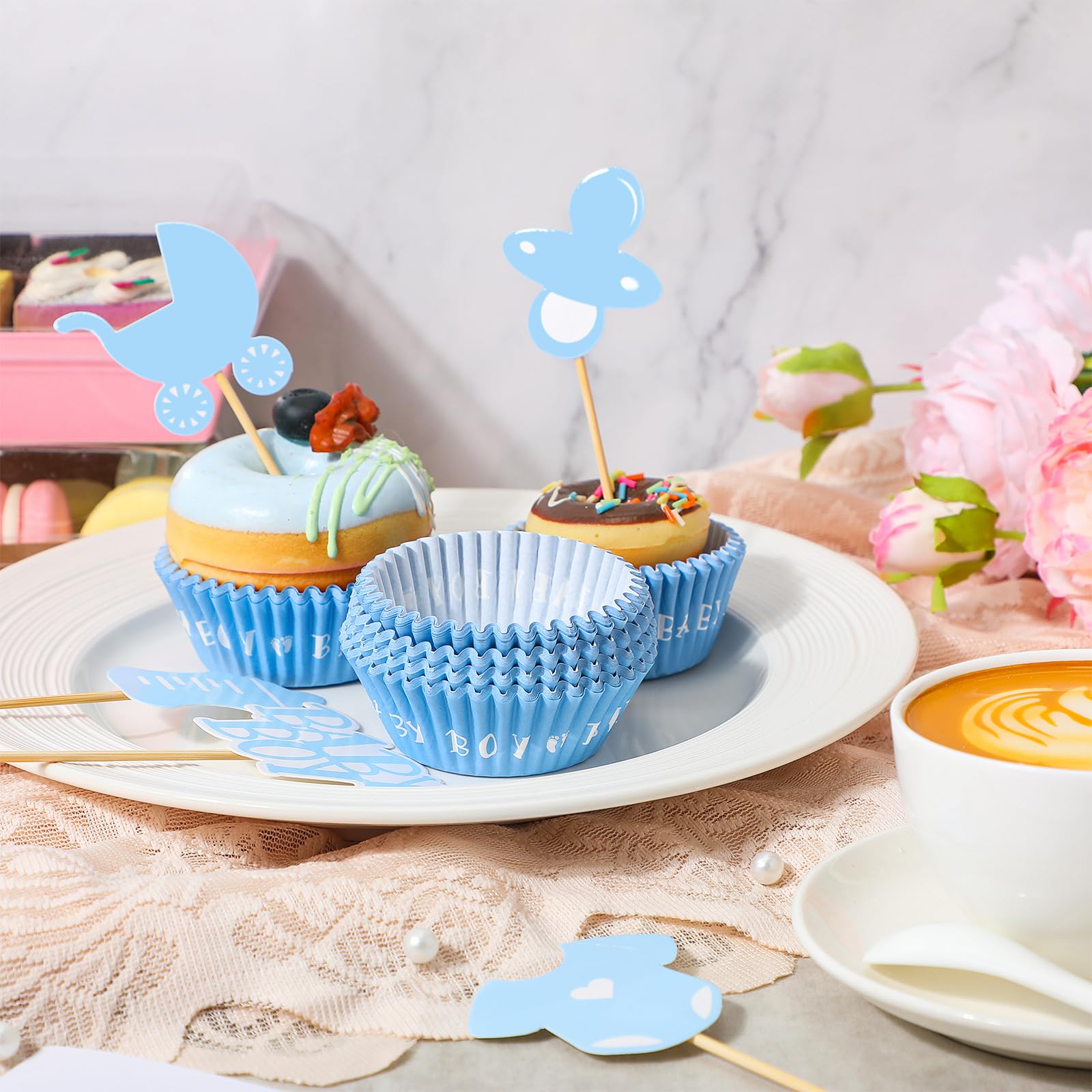 Suttmin 250 Pcs Baby Boy Cupcake Decorations Include 150 Baby Blue Cupcake Liners Wrappers Baking Cups 100 Baby Boy Cupcake Topp