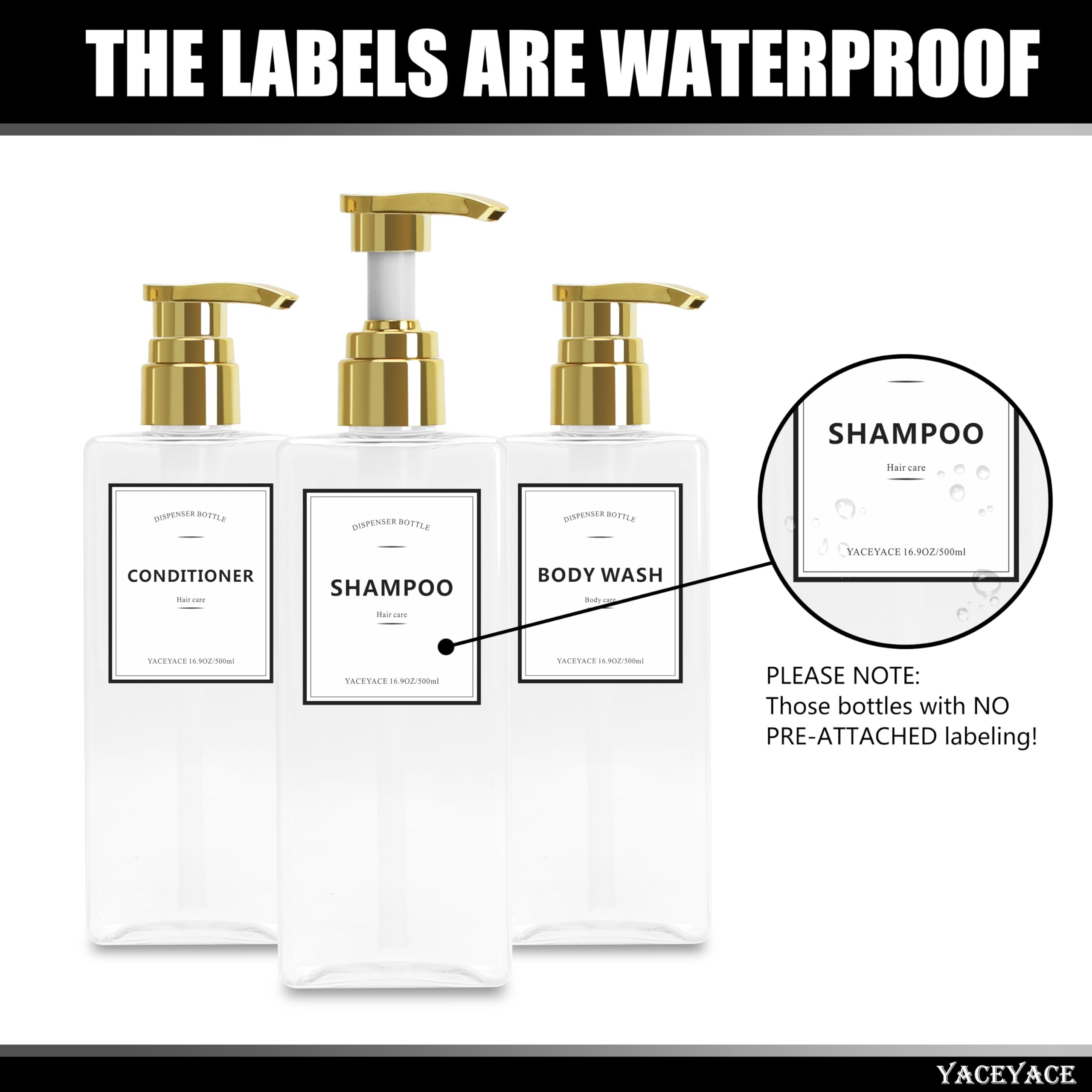 Shampoo Dispenser Bottles With Gold Pump, Yaceyace 16.9Oz Set Of 3 Clear Shampoo And Conditioner Dispenser, Mordern Shower Bottl