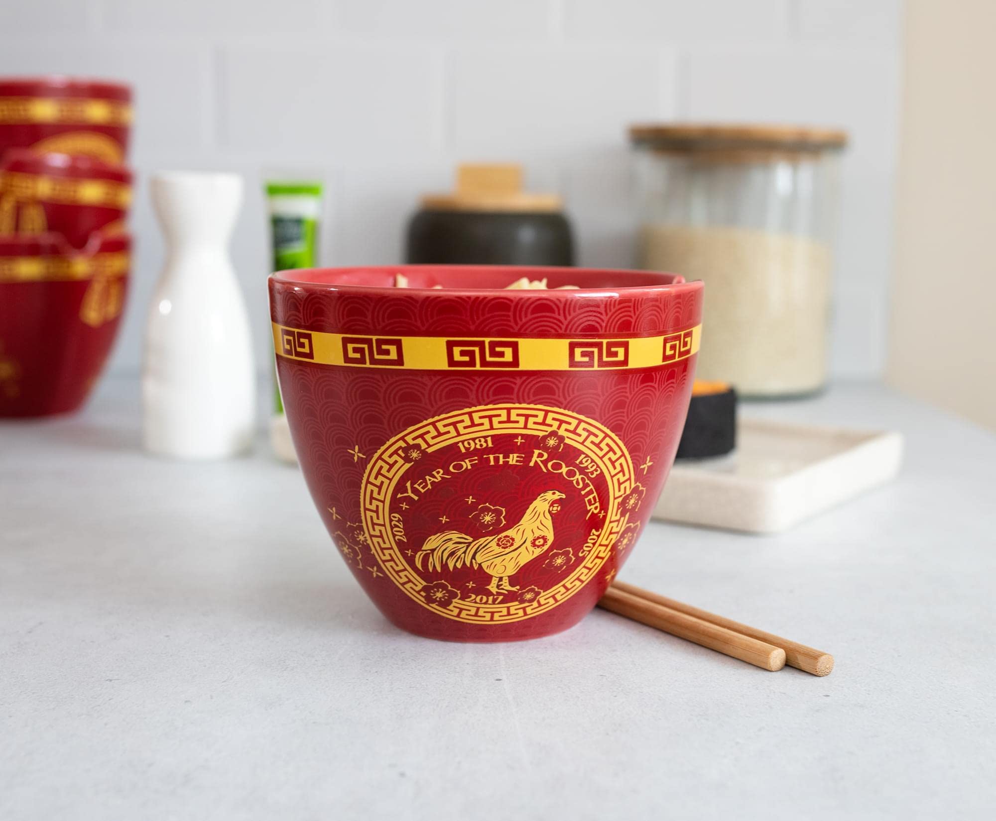 Year Of The Rooster Chinese Zodiac Ceramic Dinnerware Set | Includes 16-Ounce Ramen Noodle Bowl And Wooden Chopsticks | Asian Fo
