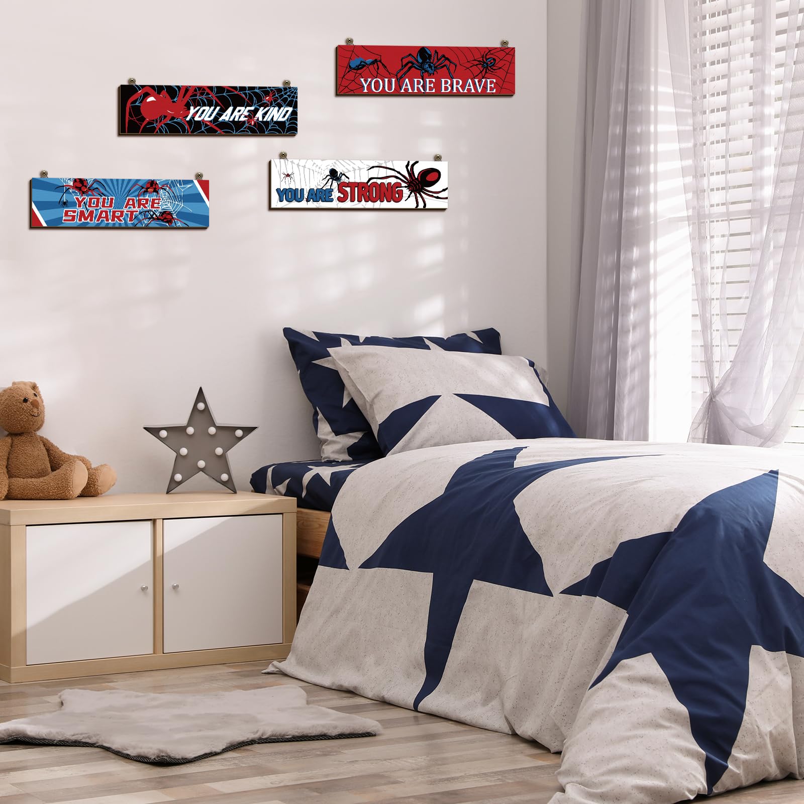 Geetery 4 Pcs Spider Room Wall Decor Boys Bedroom Decor for Kids Inspirational Wooden Hanging Sign Motivational Quote Car Wall S