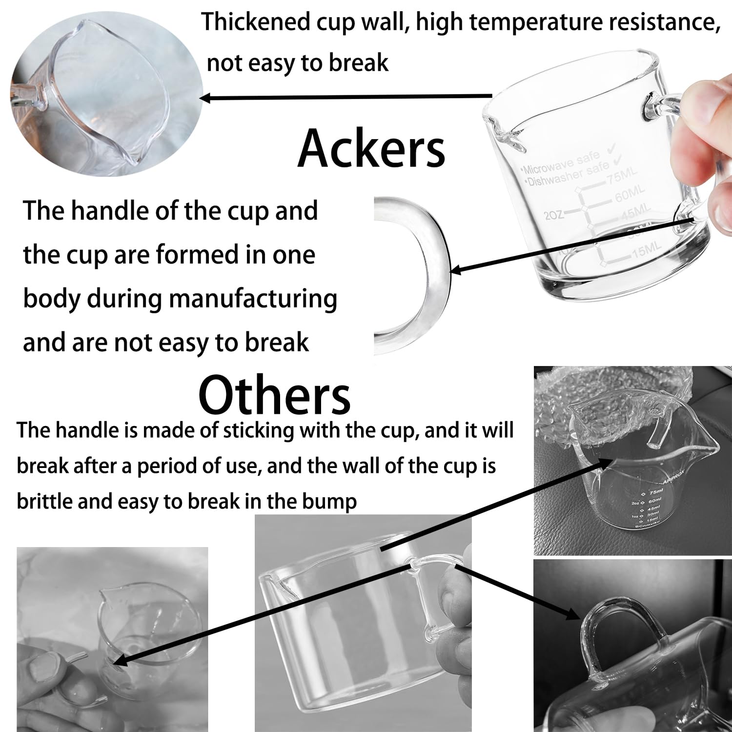 Ackers Etched Scale Espresso Cup With Handle, Thickened Bottom And Wall, Double V-Shaped Spout,2.5Oz Milk Frothing Pitcher,75Ml