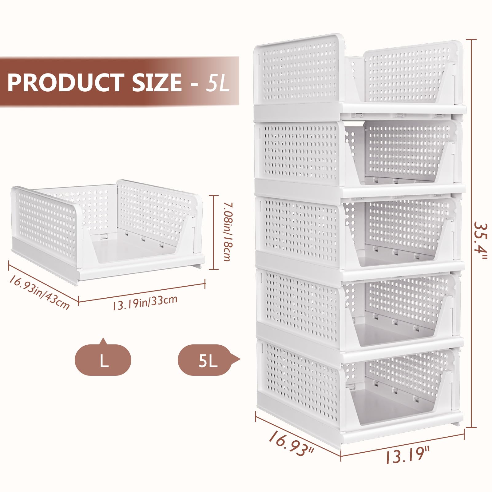 5 Pack Folding Closet Organizers Storage Box, Stackable Storage Bins, Plastic Drawer Basket Closet Storage For Wardrobe Cupboard
