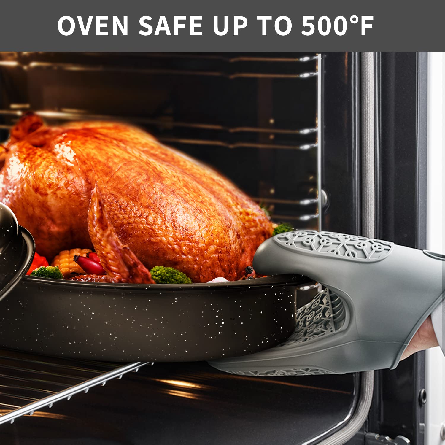 Granite Roasting Pan, Medium 16    Enameled Roasting Pan With Domed Lid. Oval Turkey Roaster Pot, Broiler Pan Great For Small Tu