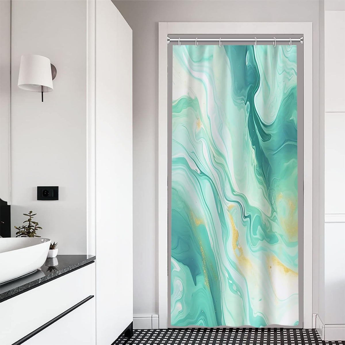 Ruelvth Stall Shower Curtain, Turquoise Marble Small Bathroom Curtain Abstract Modern Ink Texture Narrow Rv Shower Curtain Set W