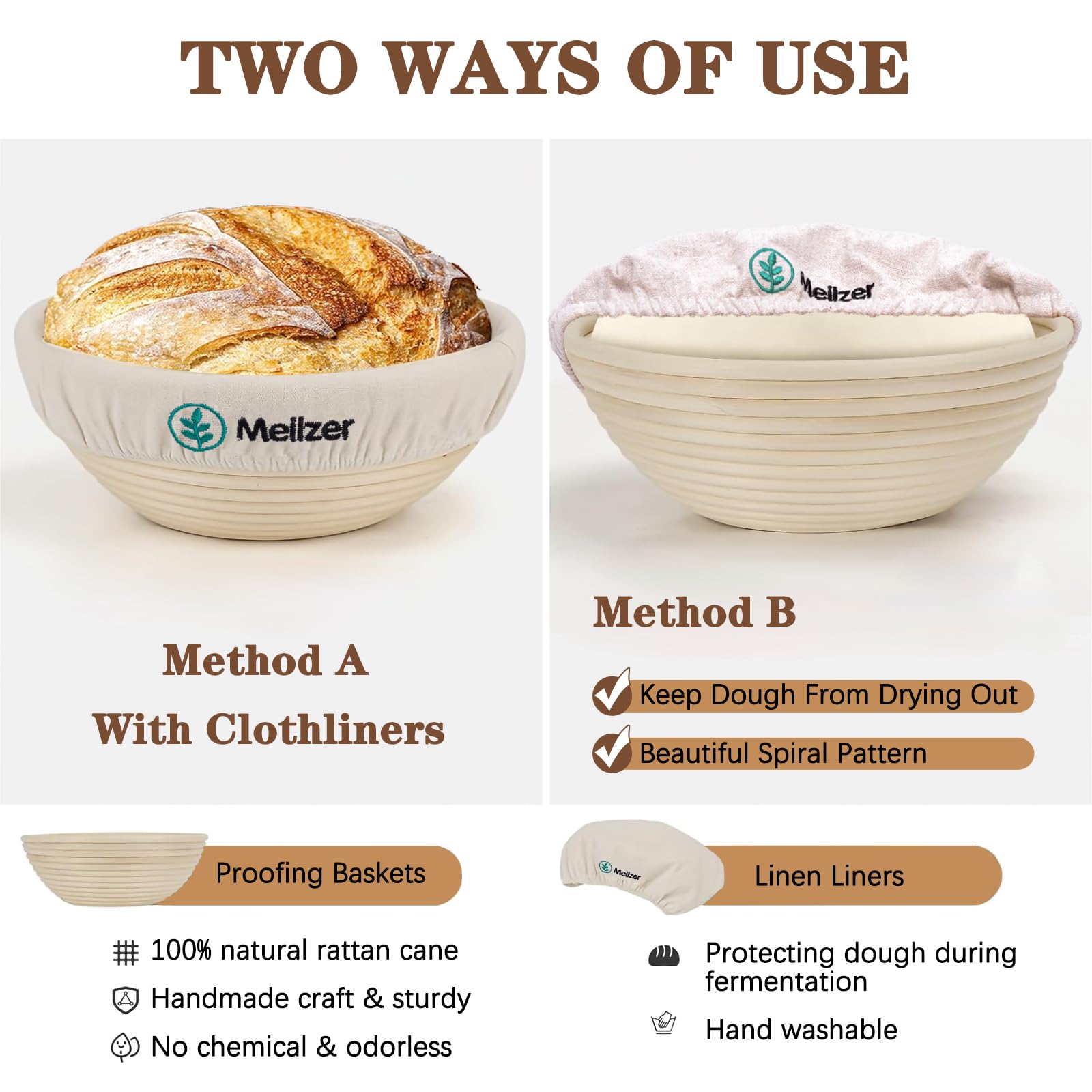 Meilzer Banneton Bread Proofing Basket Gift Set,Round 10'' & Oval 10'' Sourdough Bowls With Cotton And Linen Liner And Other Bre