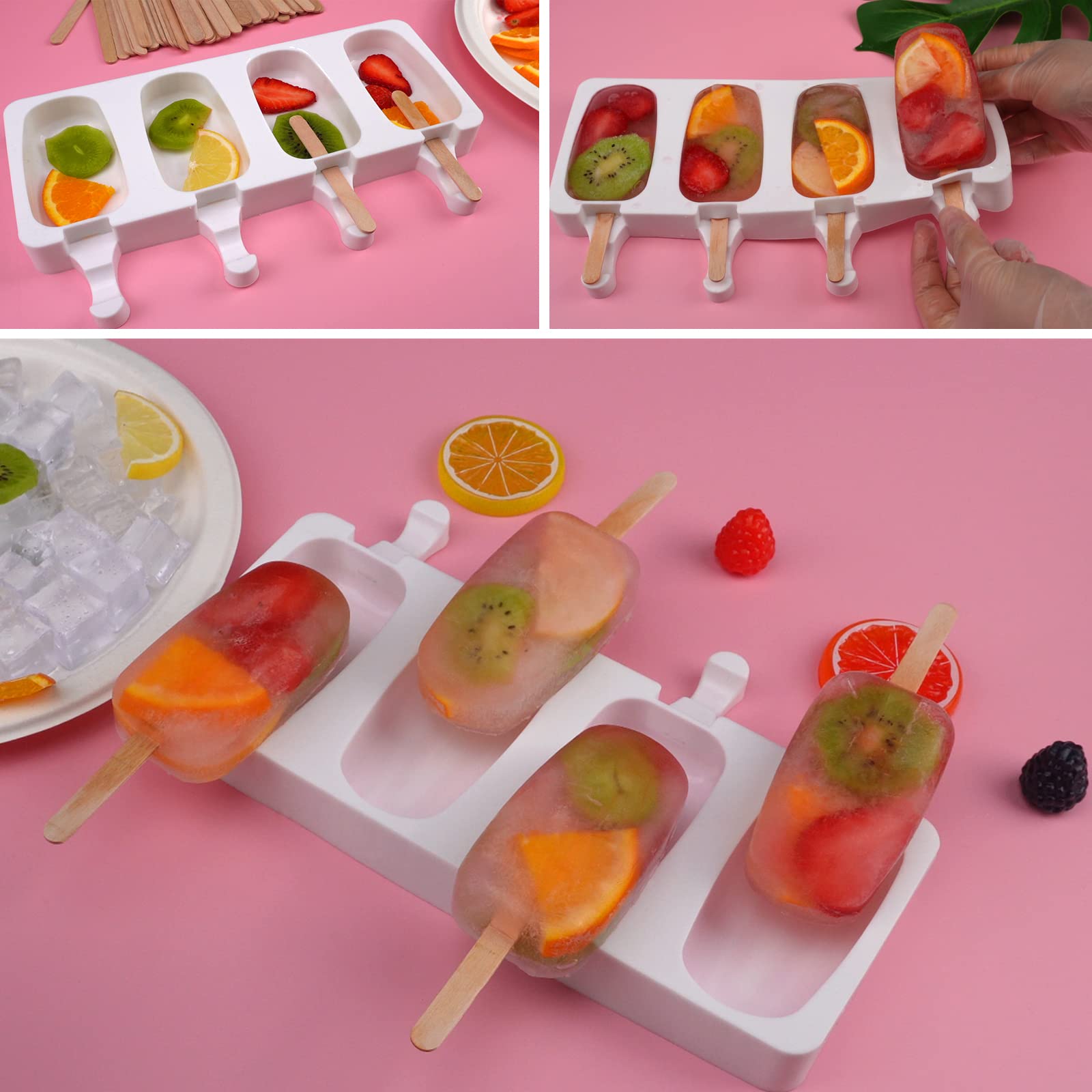 Sakolla Popsicle Silicone Mold, 4 Cavities Ice Pop Molds, Ice Cream Mold Oval Cake Molds With 50 Wooden Sticks