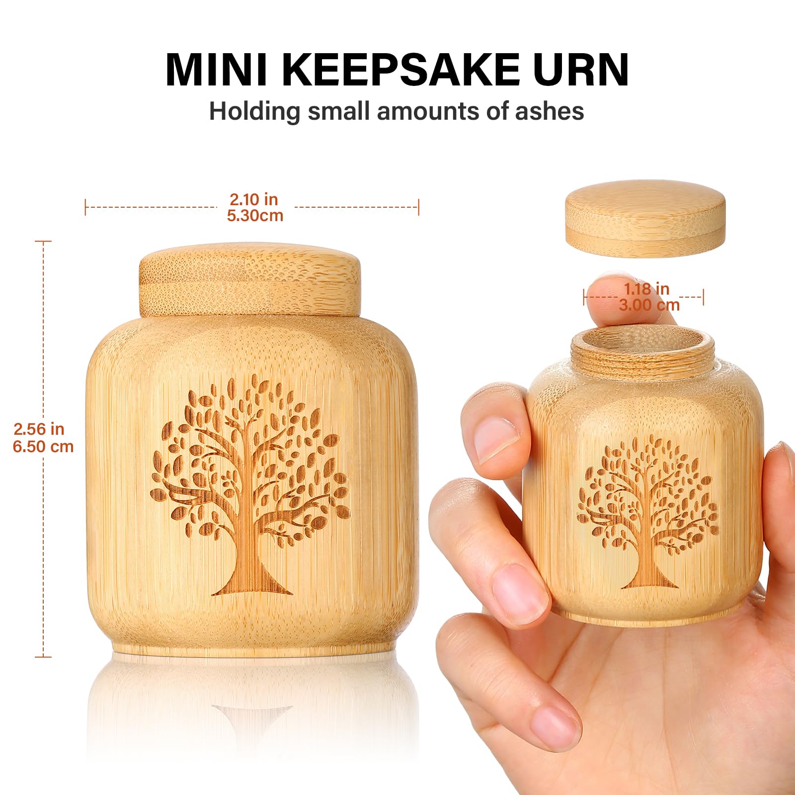 Mini Urns for Human Ashes Made of Bamboo - Set of 2 Small Keepsake Urns With Tree of Life Pattern Engraved, Biodegradable for Pe