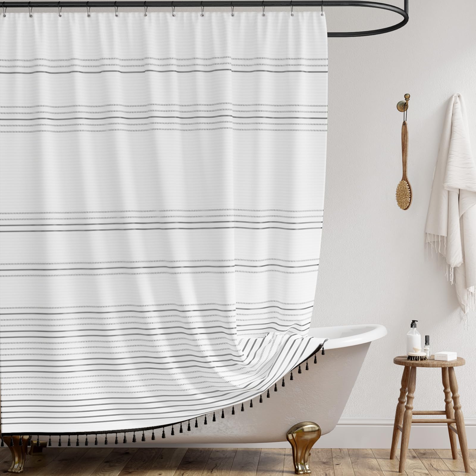 Jinchan Grey And White Boho Shower Curtain With Tassels Fabric Striped Shower Curtain For Bathroom Modern Shower Curtain Waterpr