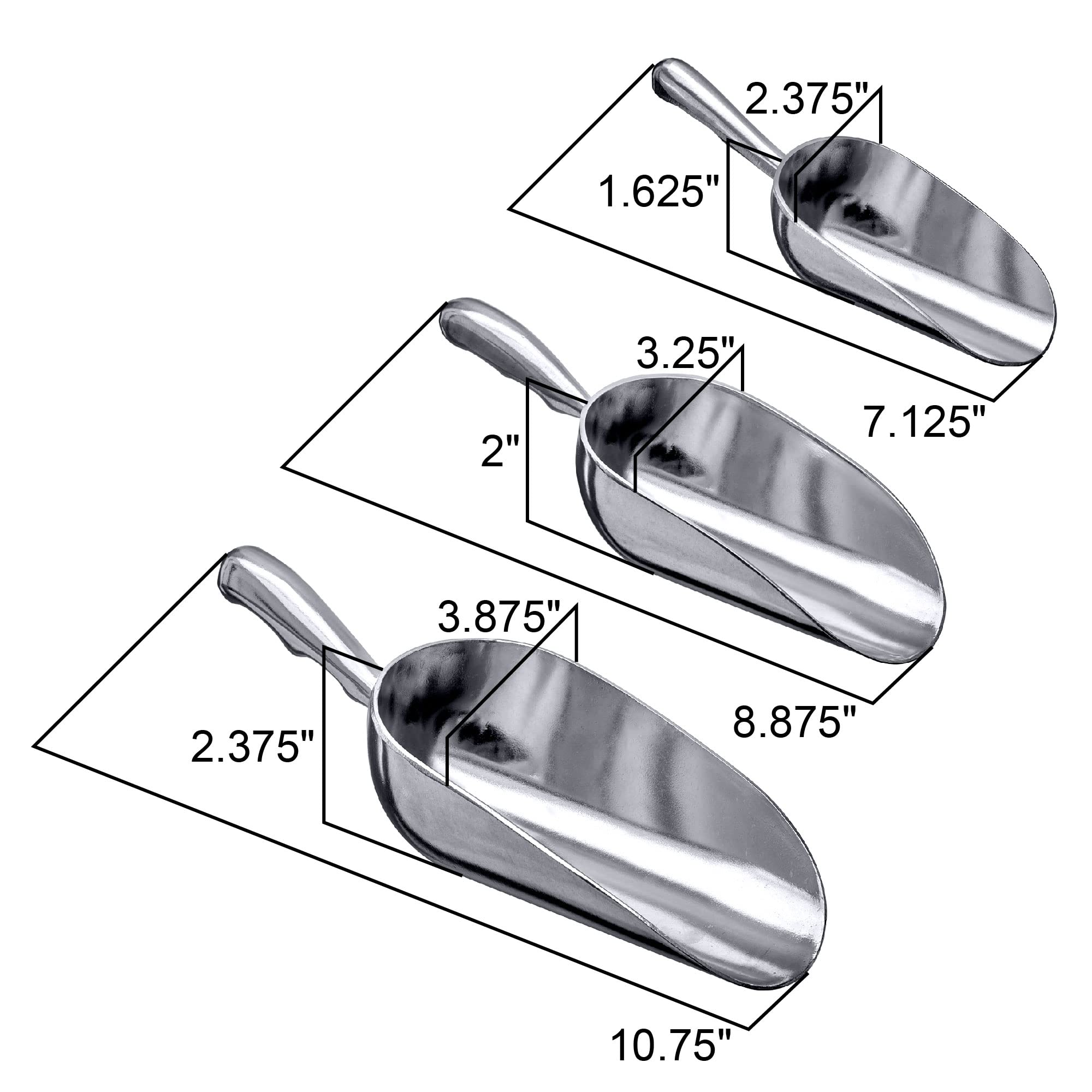 Amazing Abby - Elsa - Aluminum Ice Scoops (3-Piece Set), Cast Aluminum Utility Scoops, 5/12/24-Ounce Capacity, Food-Grade, Good