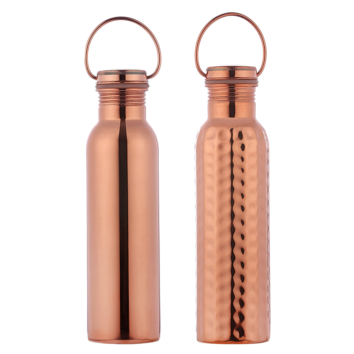 Set Of Plain And Hammered Copper Water Bottle With Handle, 600 Ml (20.28 Us Fl Oz) For Ayurveda Health Benefits