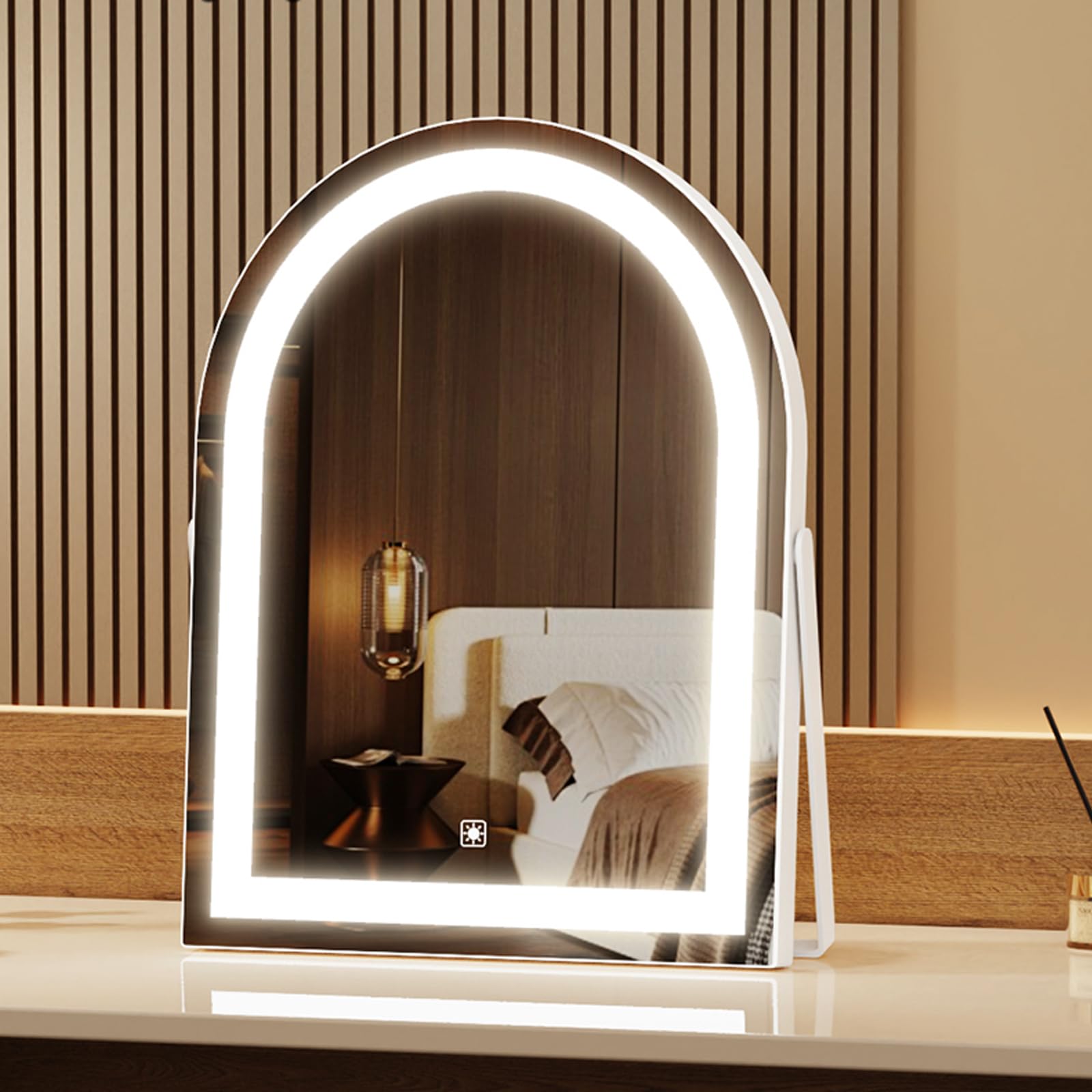 Gvnkvn 14 Elegant LED Vanity Mirror with 3-Color Adjustable Lights, Lighted Makeup Mirror 360 Rotating Stand & Touch Control - P