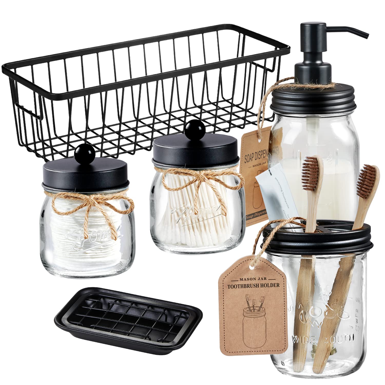 Premium Mason Jar Bathroom Accessories Set (6Pcs) - Lotion Soap Dispenser,Toothbrush Holder,2 Apothecary Jars(Qtip Holder), Soap